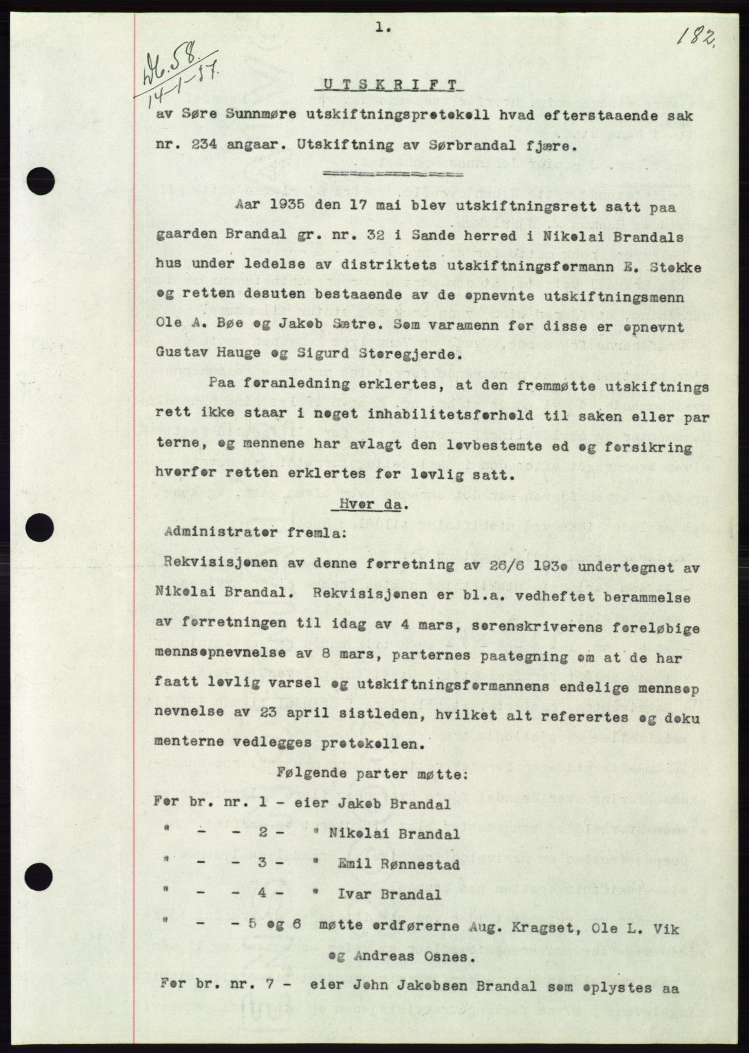 Søre Sunnmøre sorenskriveri, AV/SAT-A-4122/1/2/2C/L0062: Mortgage book no. 56, 1936-1937, Diary no: : 58/1937