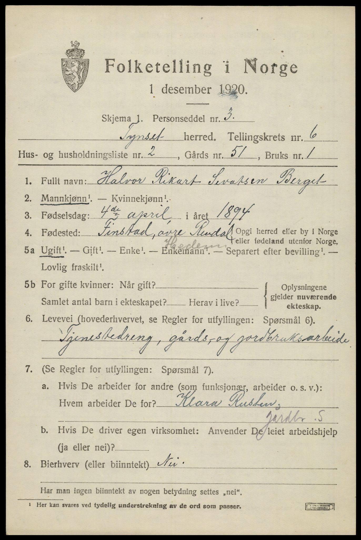 SAH, 1920 census for Tynset, 1920, p. 5528