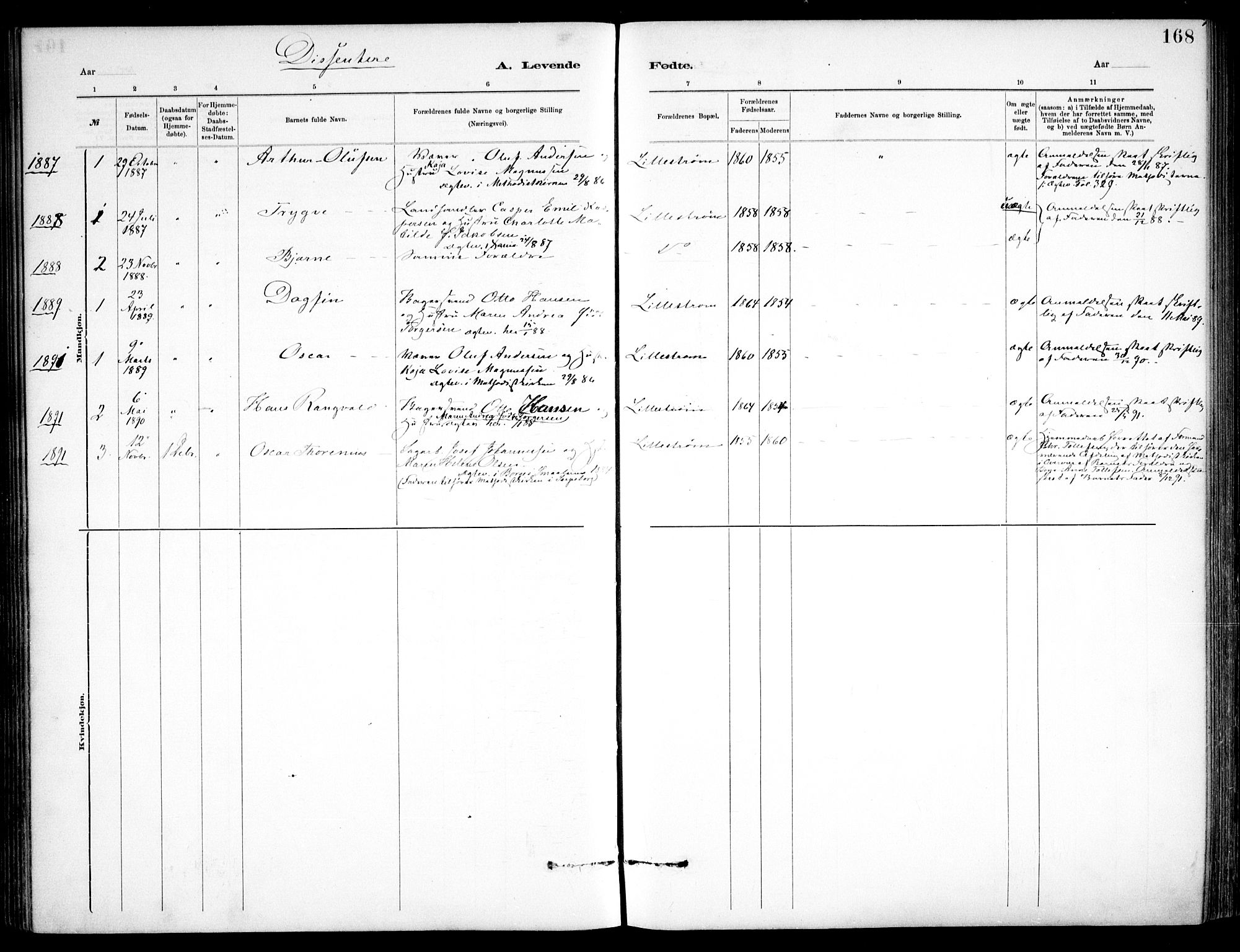 Skedsmo prestekontor Kirkebøker, SAO/A-10033a/F/Fa/L0013: Parish register (official) no. I 13, 1883-1891, p. 168