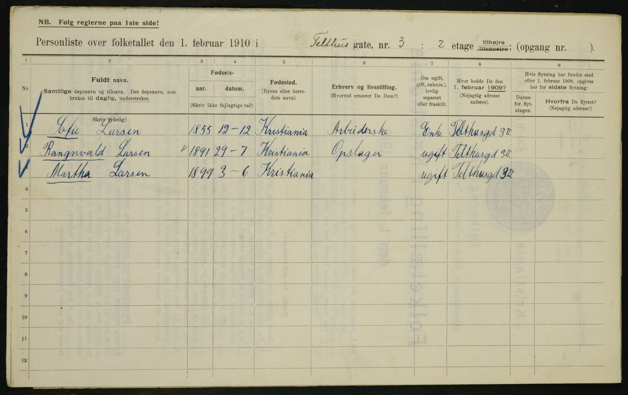 OBA, Municipal Census 1910 for Kristiania, 1910, p. 102157