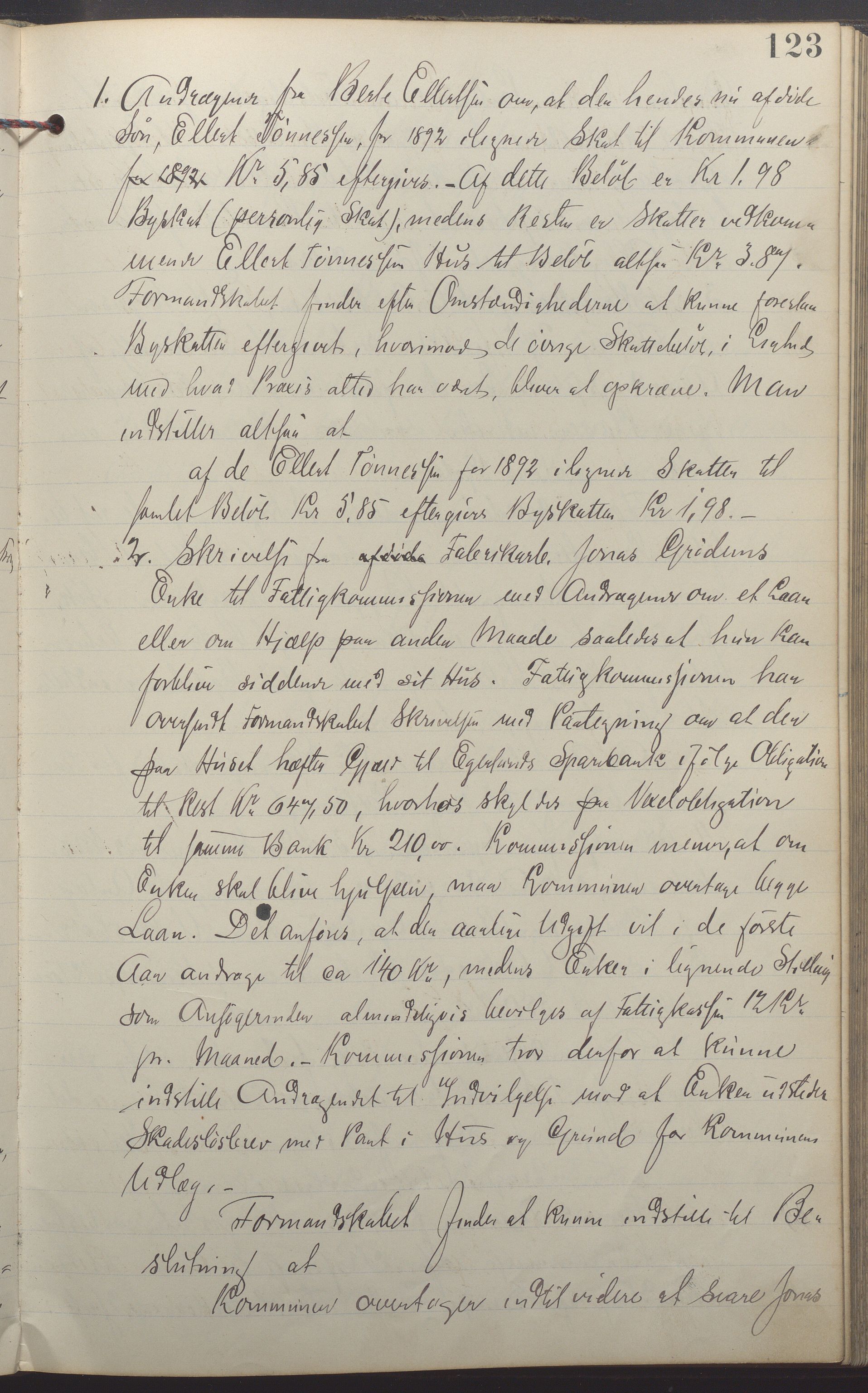 Egersund kommune (Ladested) - Formannskapet, IKAR/K-100502/A/L0005: Forhandlingsprotokoll, 1888-1897, p. 123a