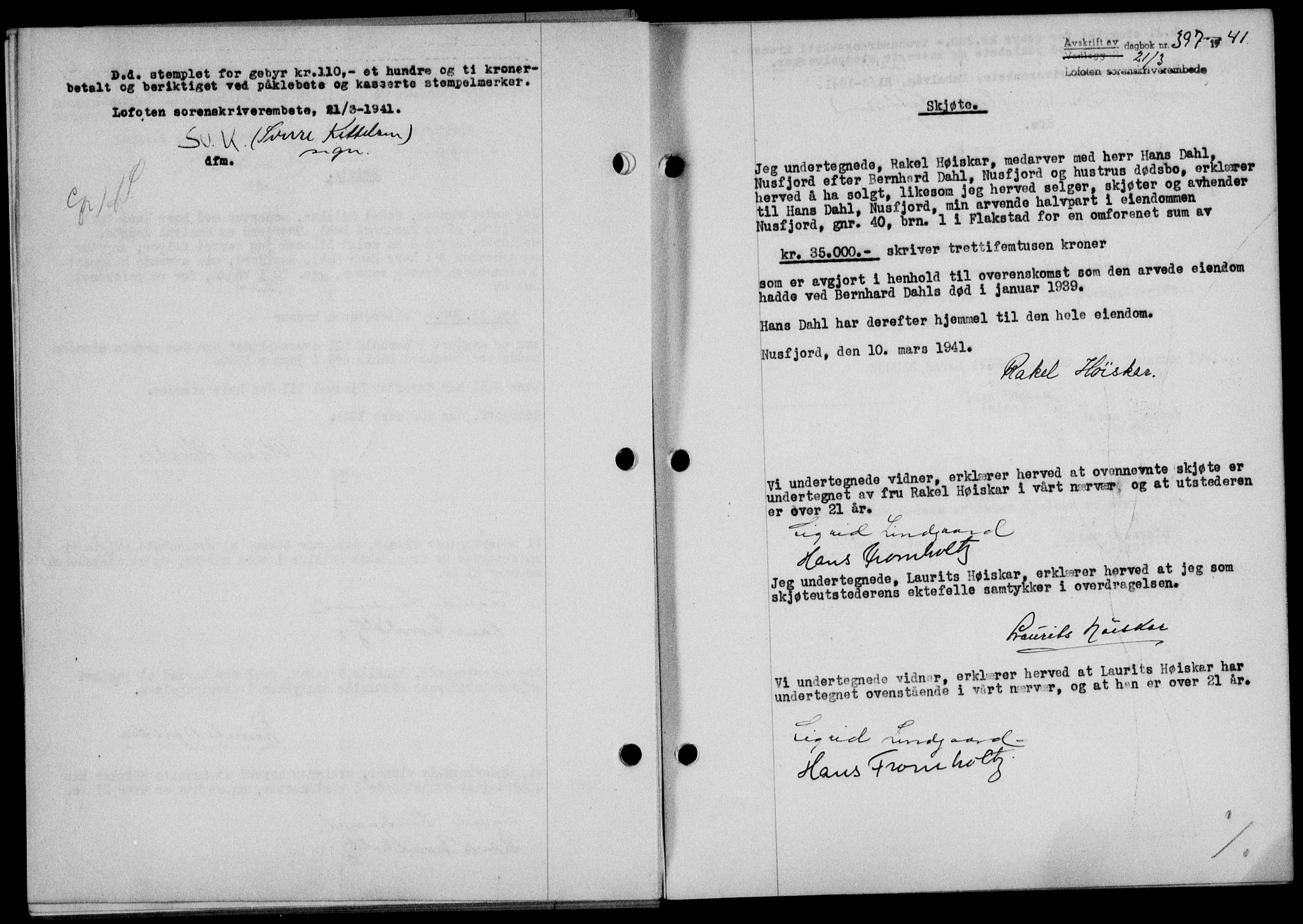 Lofoten sorenskriveri, SAT/A-0017/1/2/2C/L0008a: Mortgage book no. 8a, 1940-1941, Diary no: : 397/1941