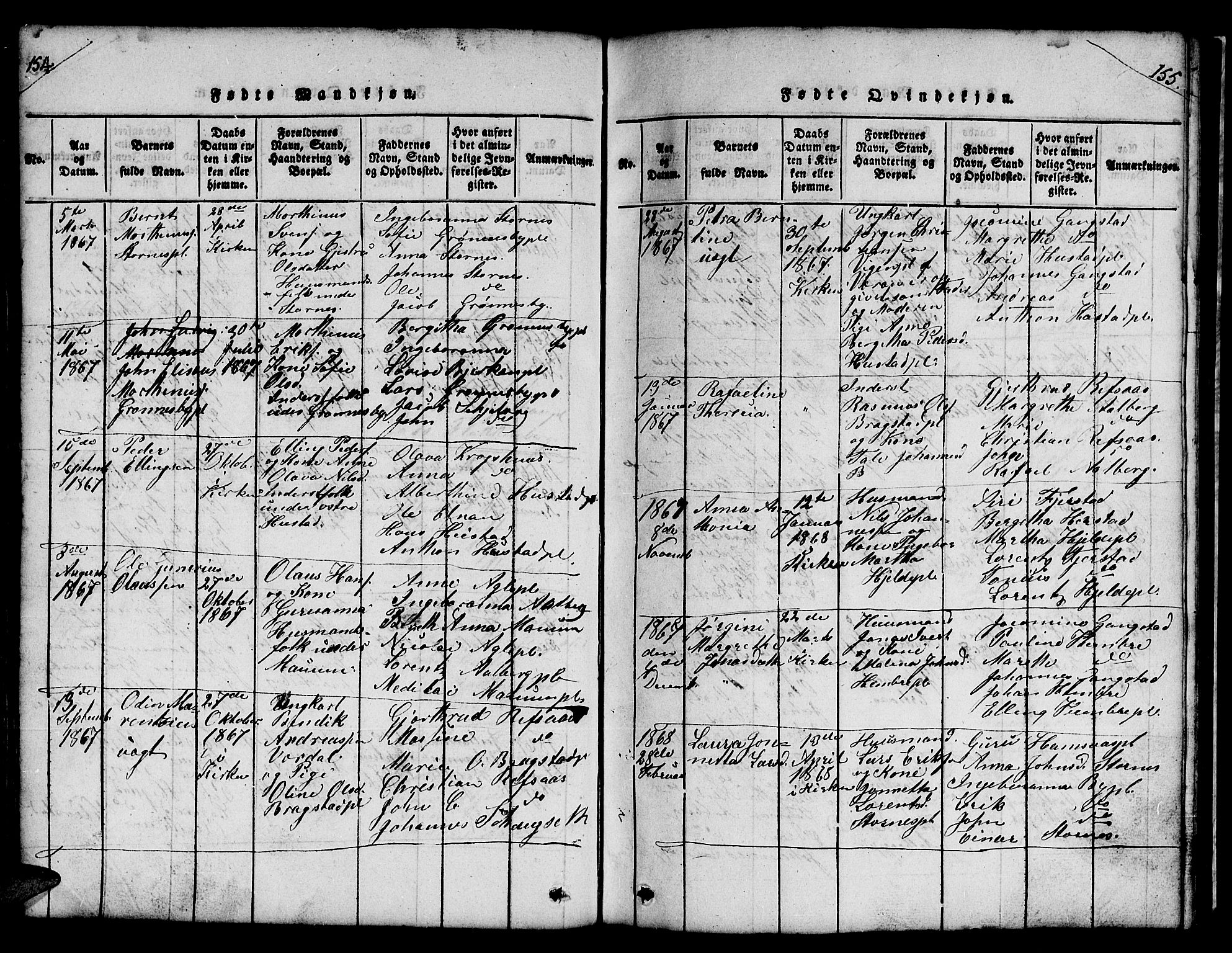 Ministerialprotokoller, klokkerbøker og fødselsregistre - Nord-Trøndelag, AV/SAT-A-1458/732/L0317: Parish register (copy) no. 732C01, 1816-1881, p. 154-155