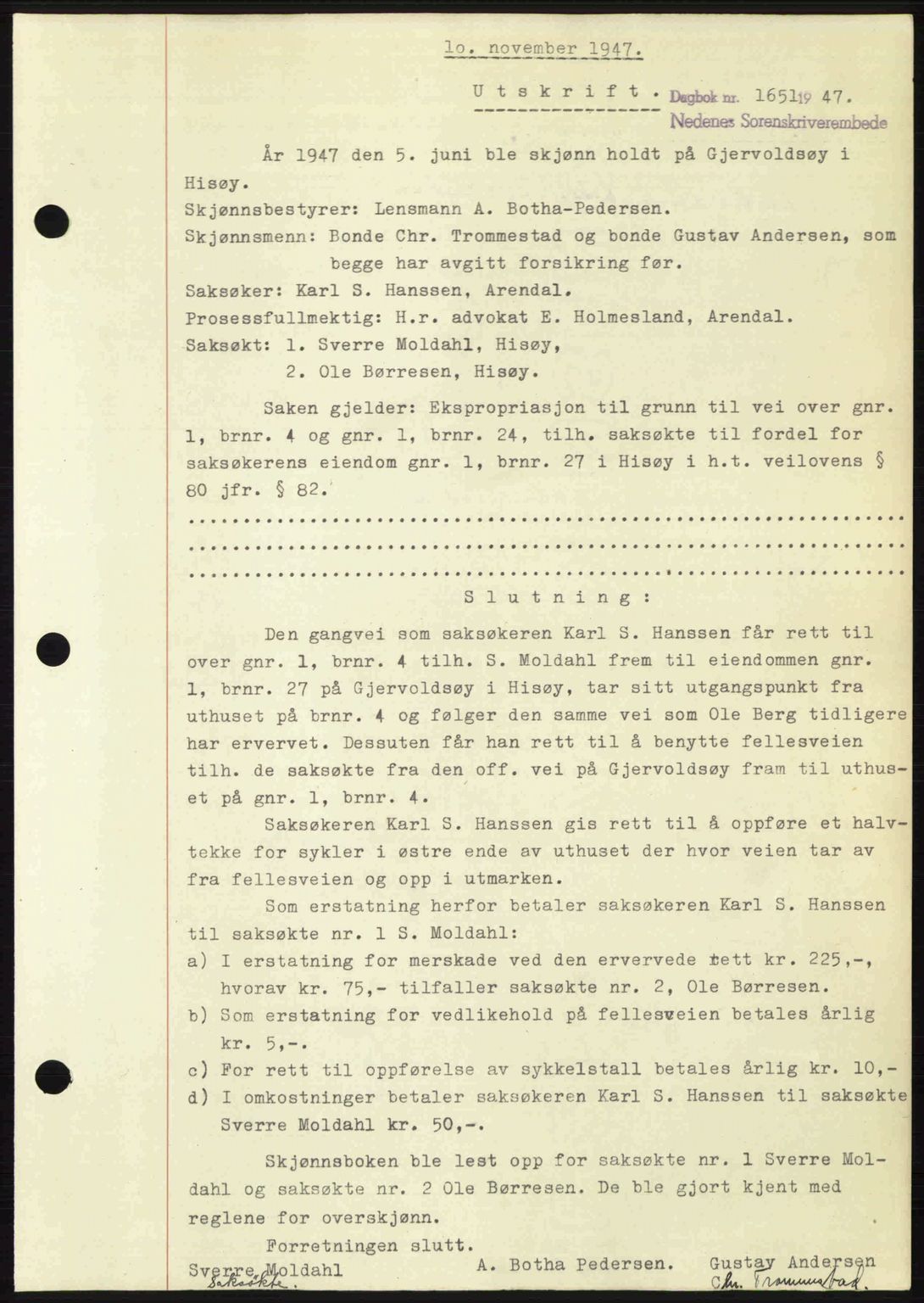 Nedenes sorenskriveri, SAK/1221-0006/G/Gb/Gba/L0058: Mortgage book no. A10, 1947-1948, Diary no: : 1651/1947