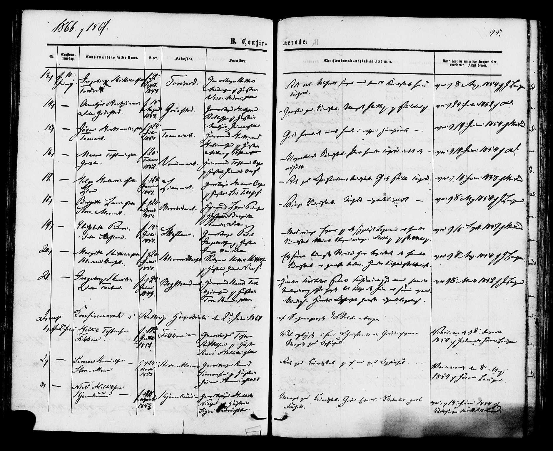 Rollag kirkebøker, SAKO/A-240/F/Fa/L0009: Parish register (official) no. I 9, 1860-1874, p. 95