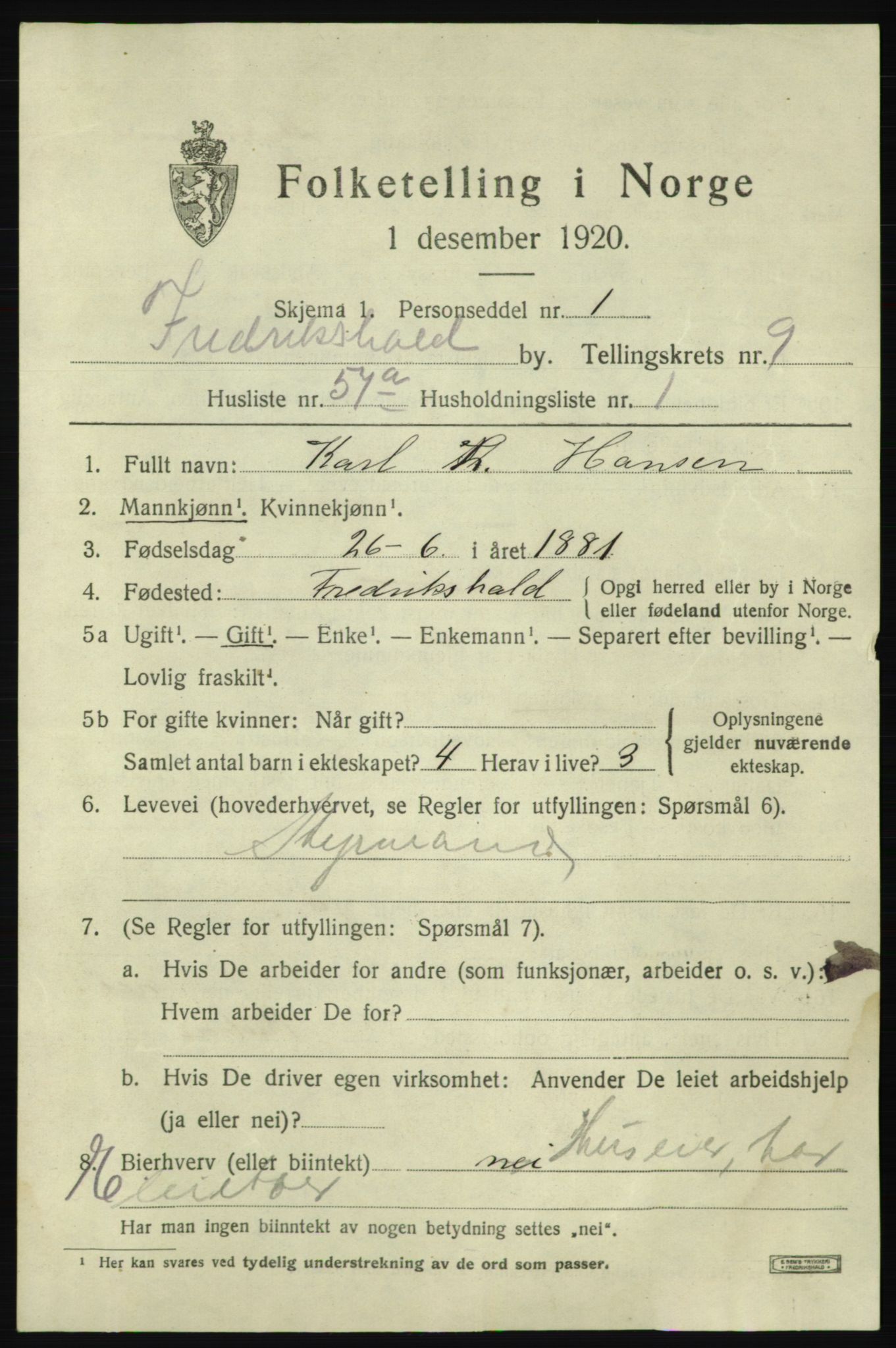 SAO, 1920 census for Fredrikshald, 1920, p. 17357