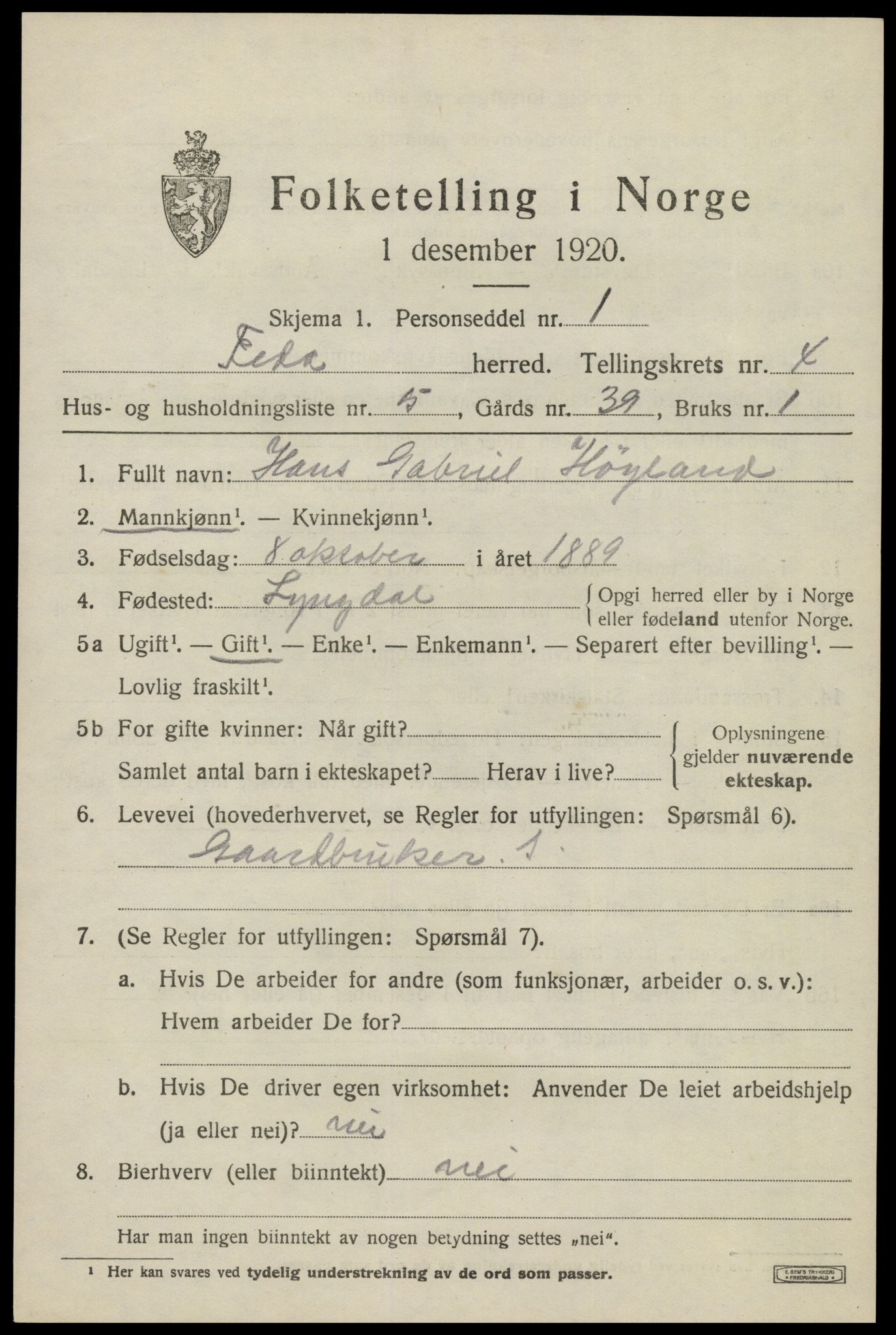 SAK, 1920 census for Feda, 1920, p. 1863