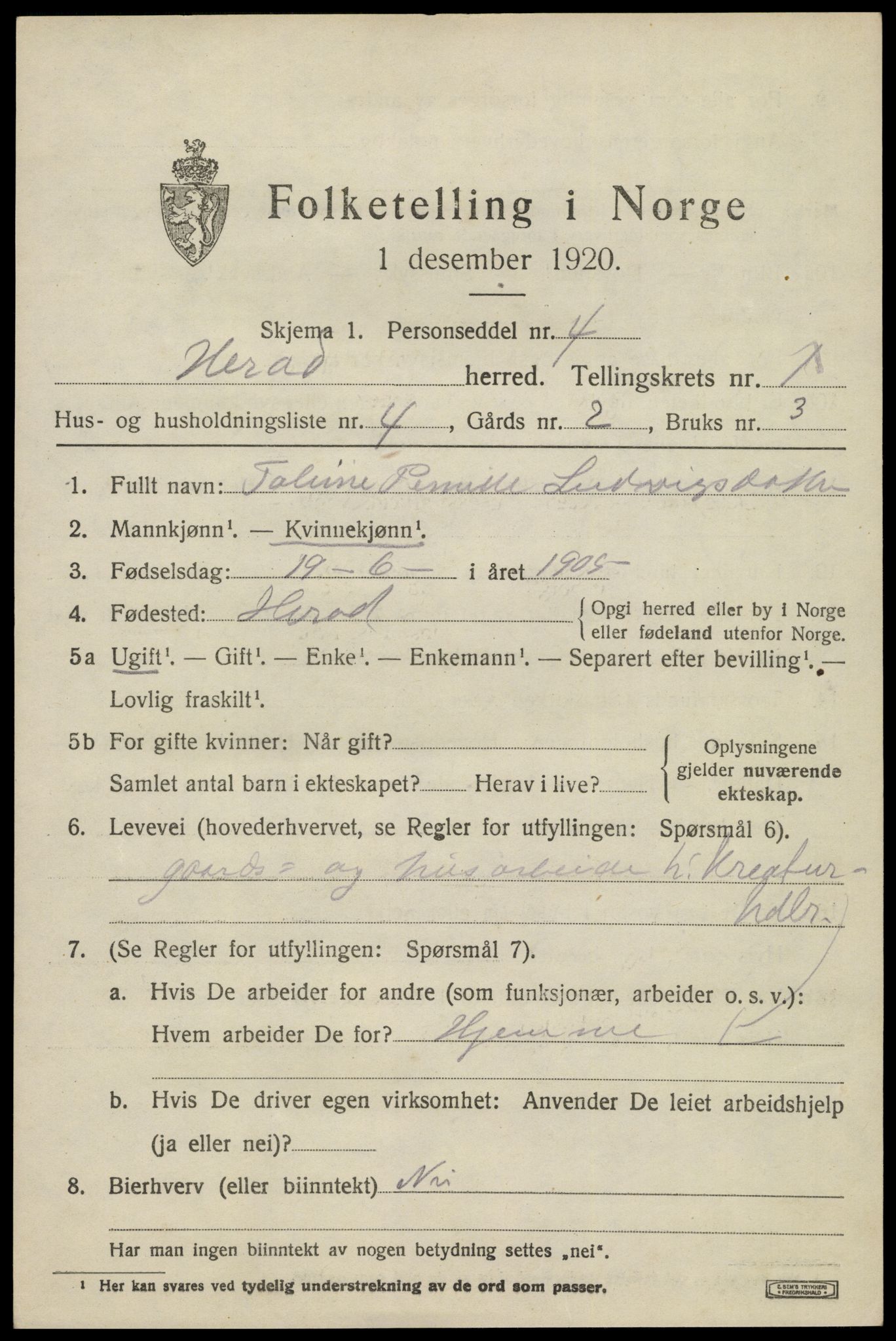 SAK, 1920 census for Herad, 1920, p. 468