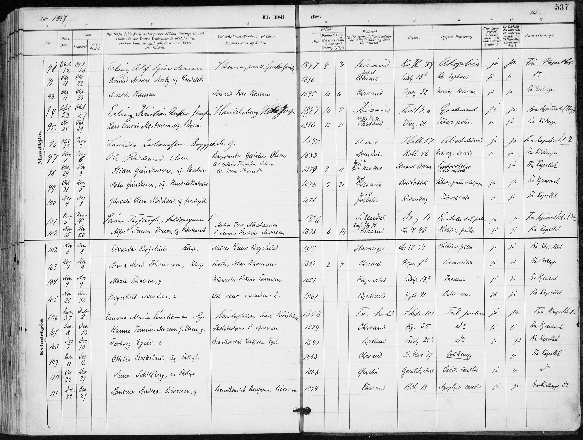 Kristiansand domprosti, SAK/1112-0006/F/Fa/L0019: Parish register (official) no. A 18, 1890-1897, p. 537