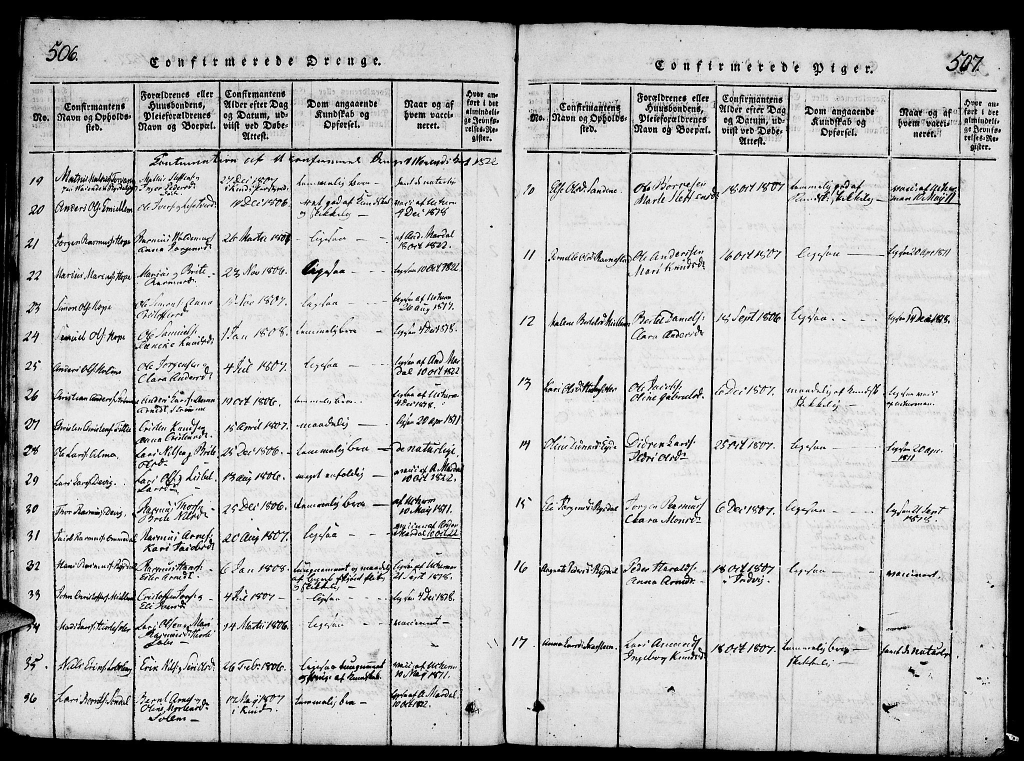 Gloppen sokneprestembete, SAB/A-80101/H/Haa/Haaa/L0006: Parish register (official) no. A 6, 1816-1826, p. 506-507