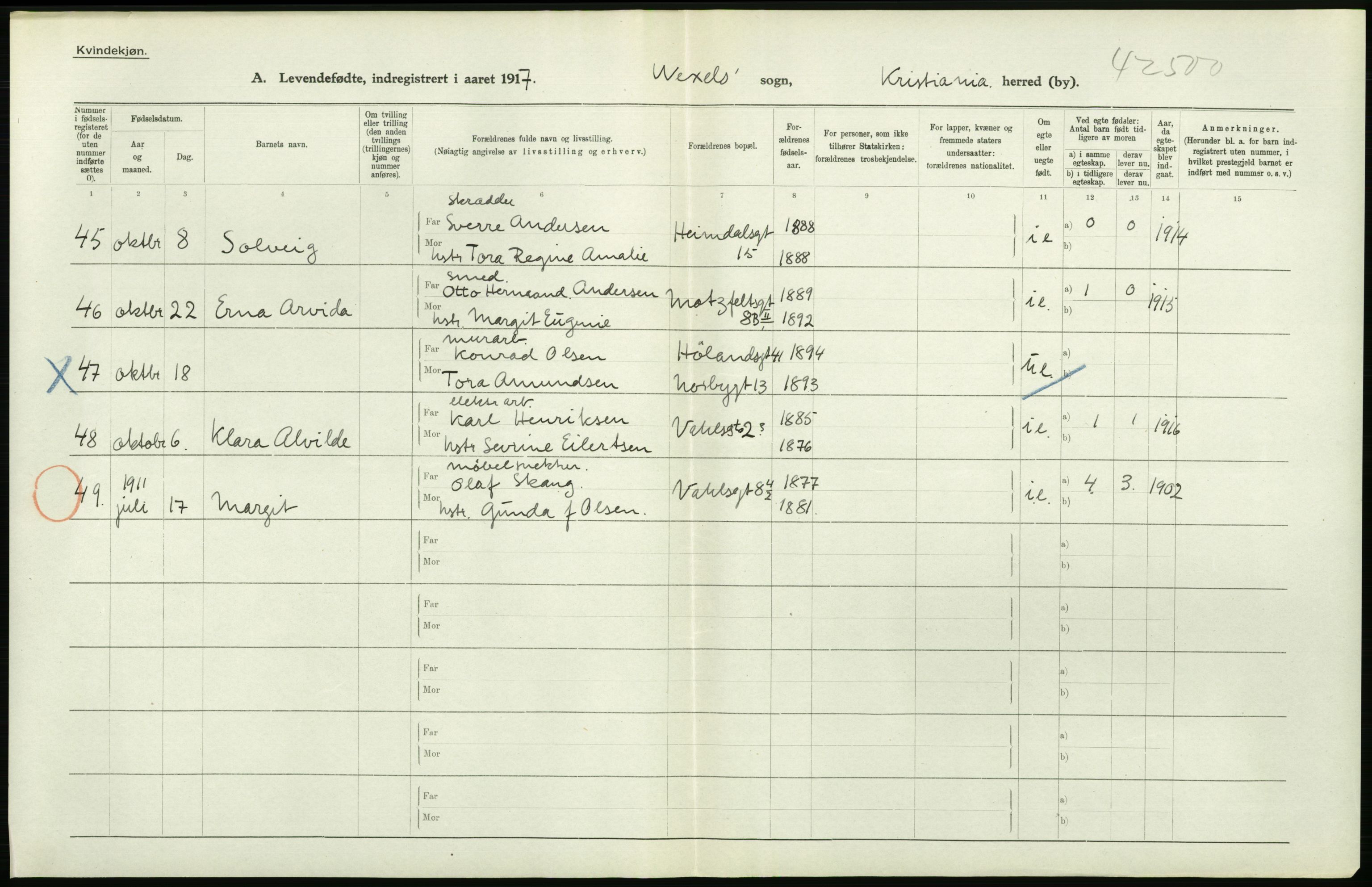 Statistisk sentralbyrå, Sosiodemografiske emner, Befolkning, RA/S-2228/D/Df/Dfb/Dfbg/L0006: Kristiania: Levendefødte menn og kvinner., 1917, p. 310