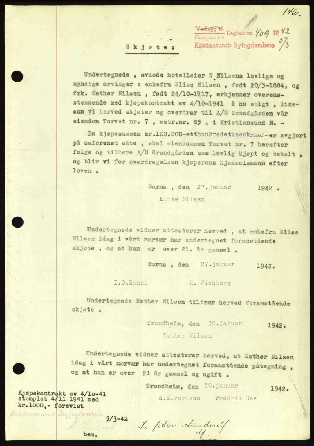 Kristiansund byfogd, AV/SAT-A-4587/A/27: Mortgage book no. 34, 1941-1945, Diary no: : 409/1942