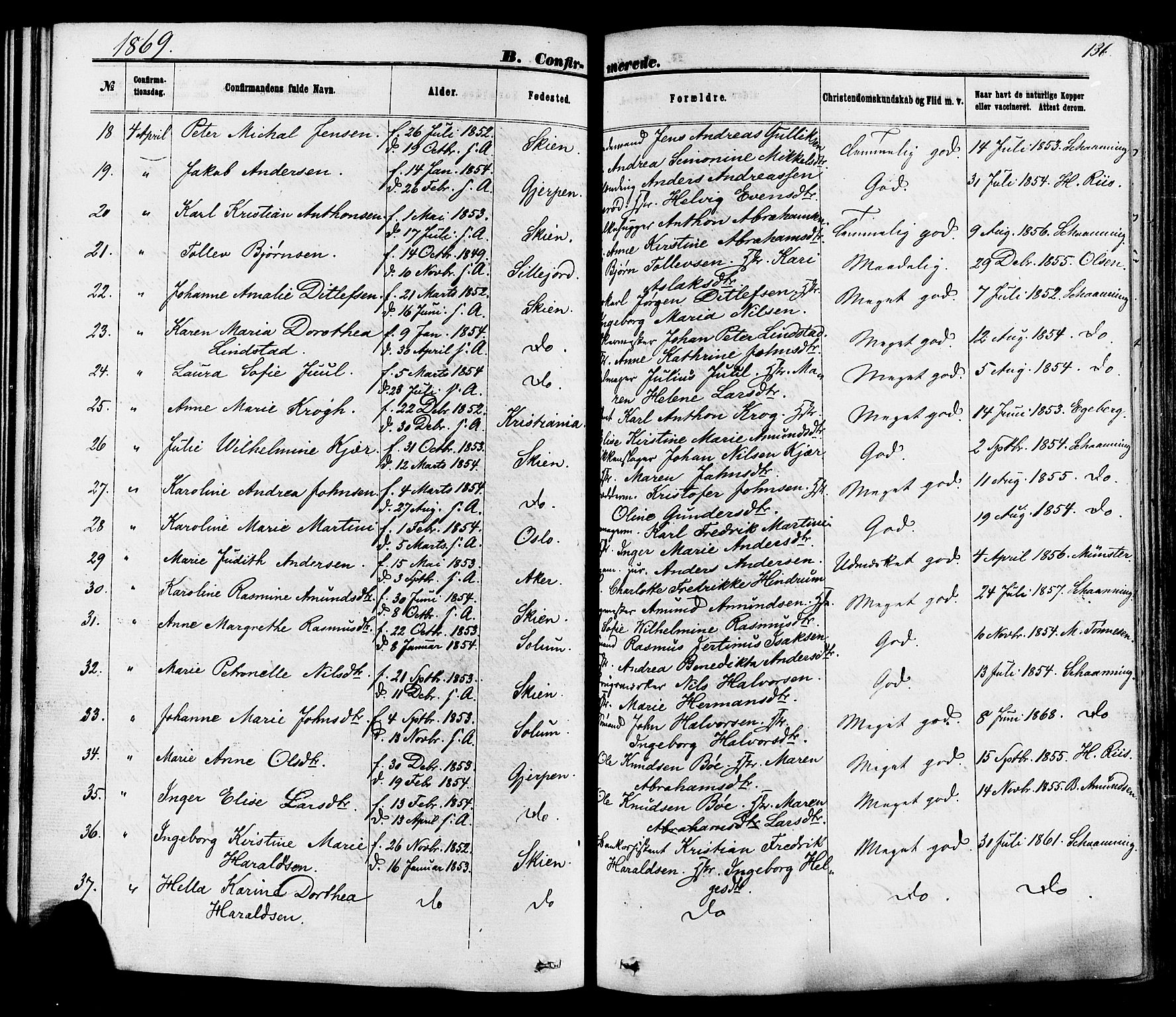 Skien kirkebøker, SAKO/A-302/F/Fa/L0008: Parish register (official) no. 8, 1866-1877, p. 136