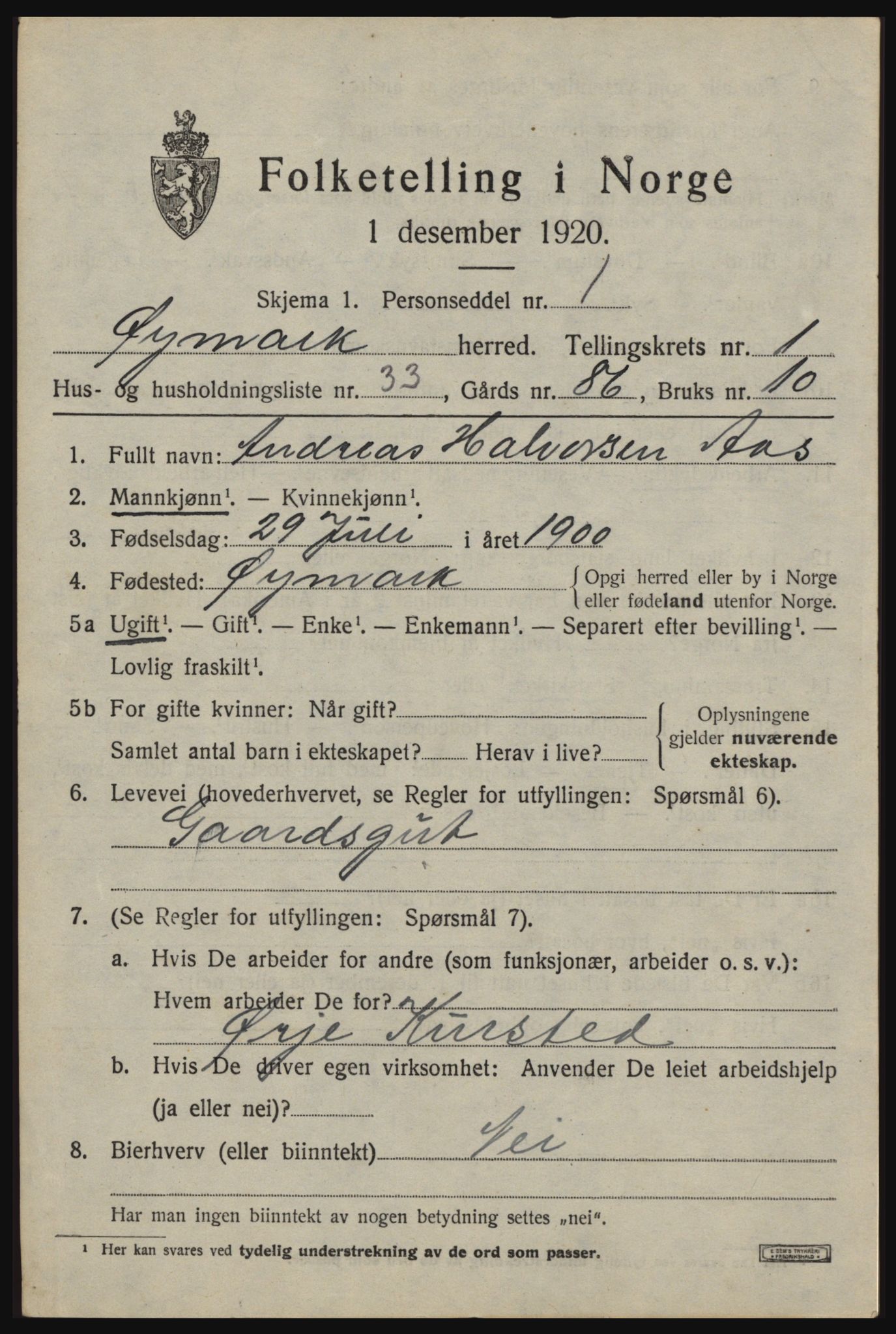 SAO, 1920 census for Øymark, 1920, p. 1185