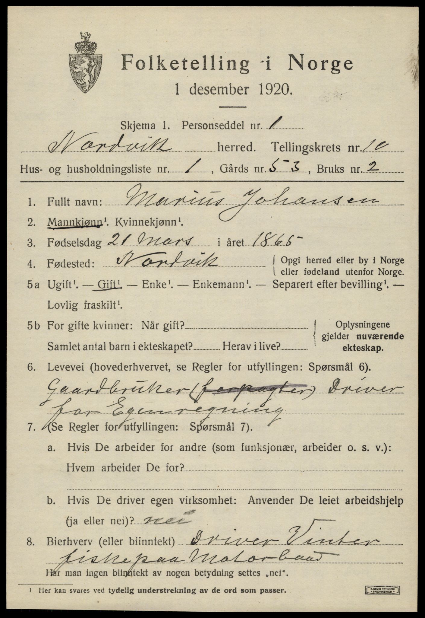SAT, 1920 census for Nordvik, 1920, p. 3594