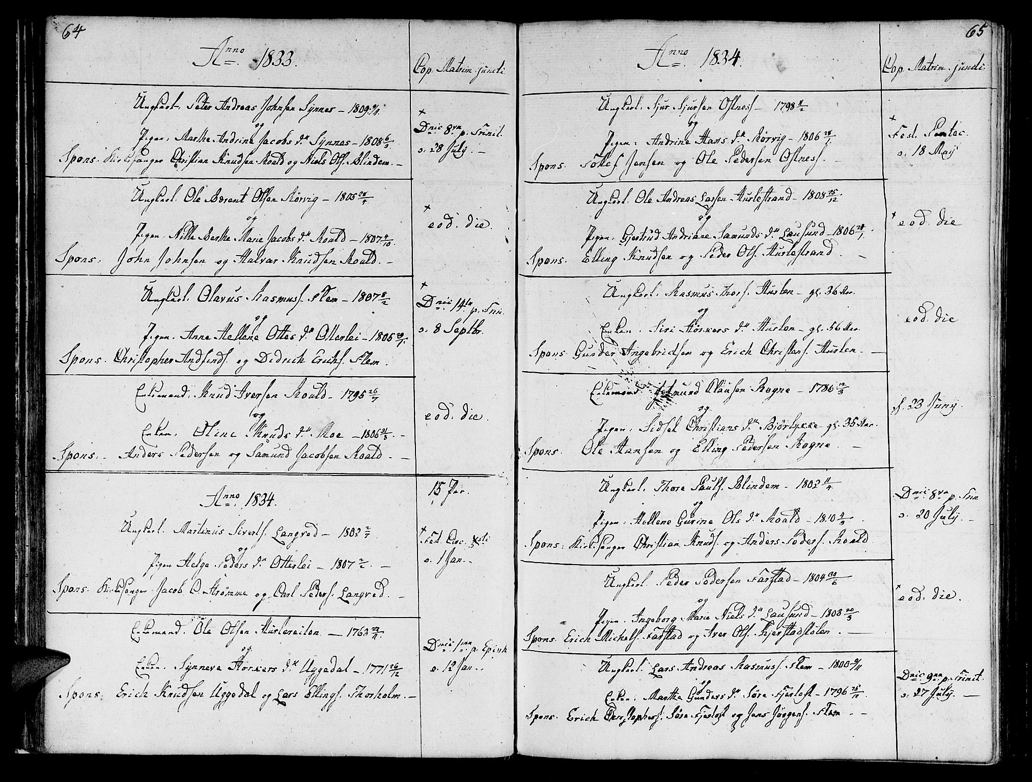Ministerialprotokoller, klokkerbøker og fødselsregistre - Møre og Romsdal, SAT/A-1454/536/L0494: Parish register (official) no. 536A03, 1803-1836, p. 64-65