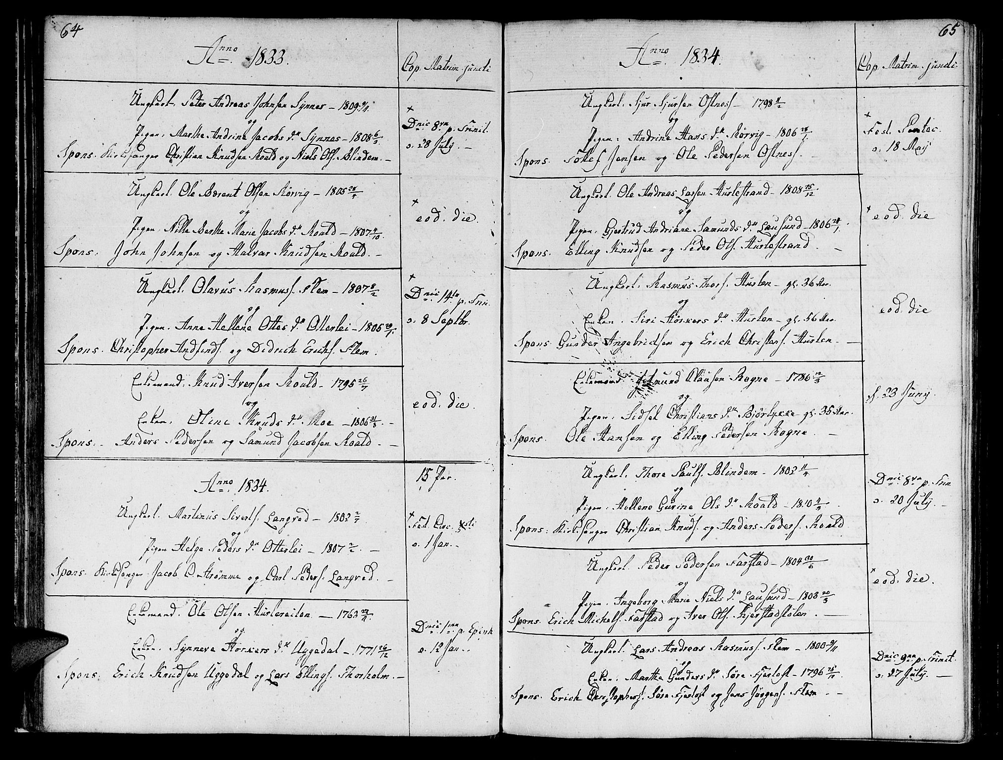 Ministerialprotokoller, klokkerbøker og fødselsregistre - Møre og Romsdal, AV/SAT-A-1454/536/L0494: Parish register (official) no. 536A03, 1803-1836, p. 64-65