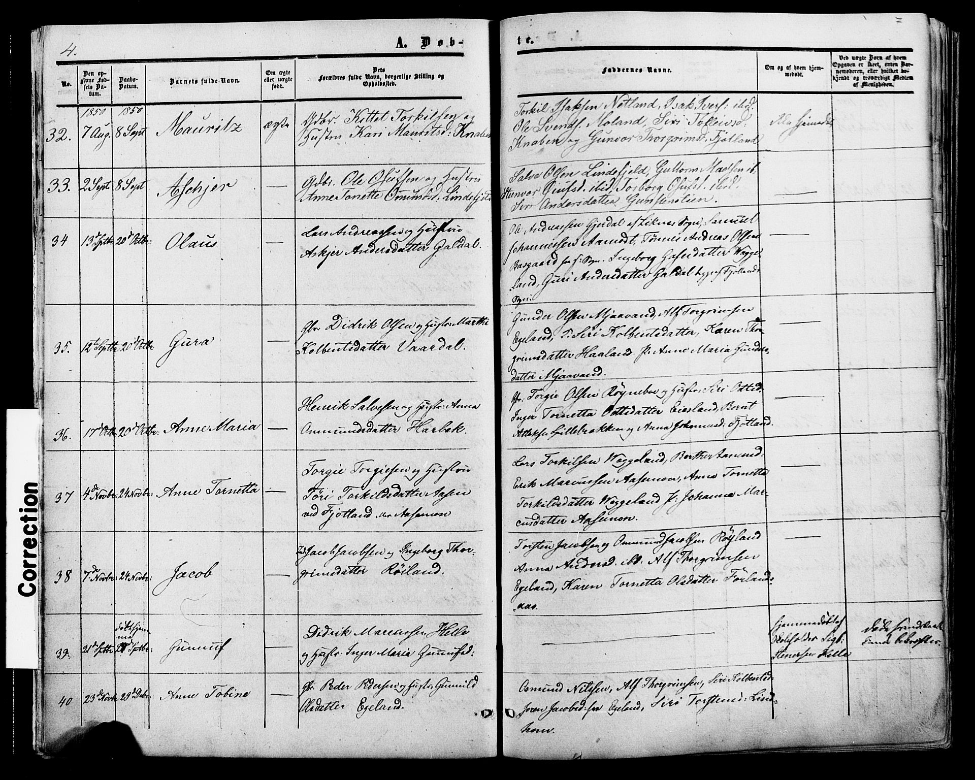 Fjotland sokneprestkontor, AV/SAK-1111-0010/F/Fa/L0001: Parish register (official) no. A 1, 1850-1879, p. 7