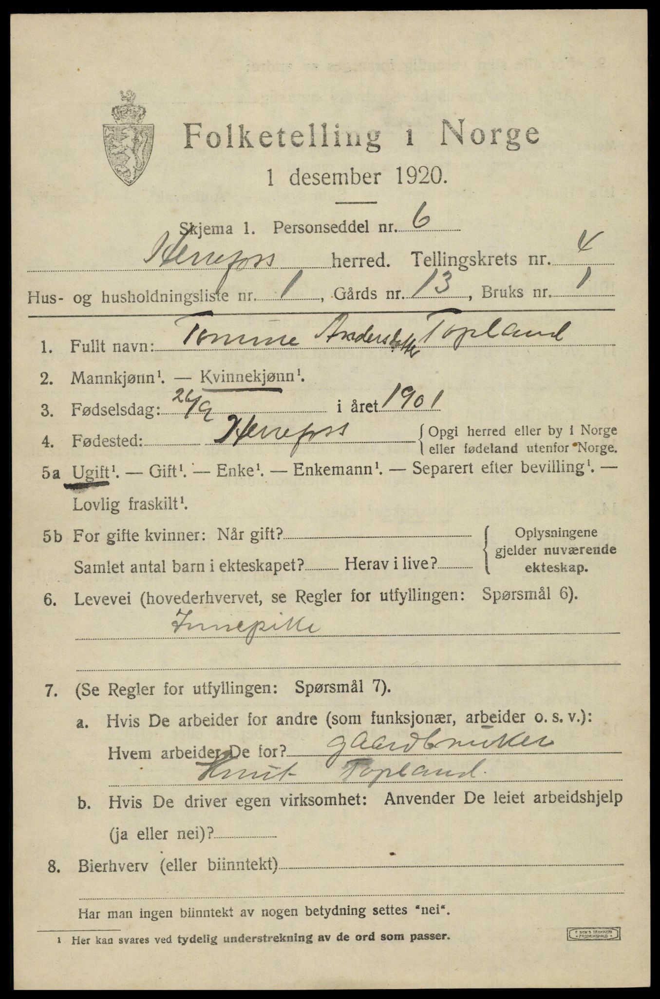 SAK, 1920 census for Herefoss, 1920, p. 788