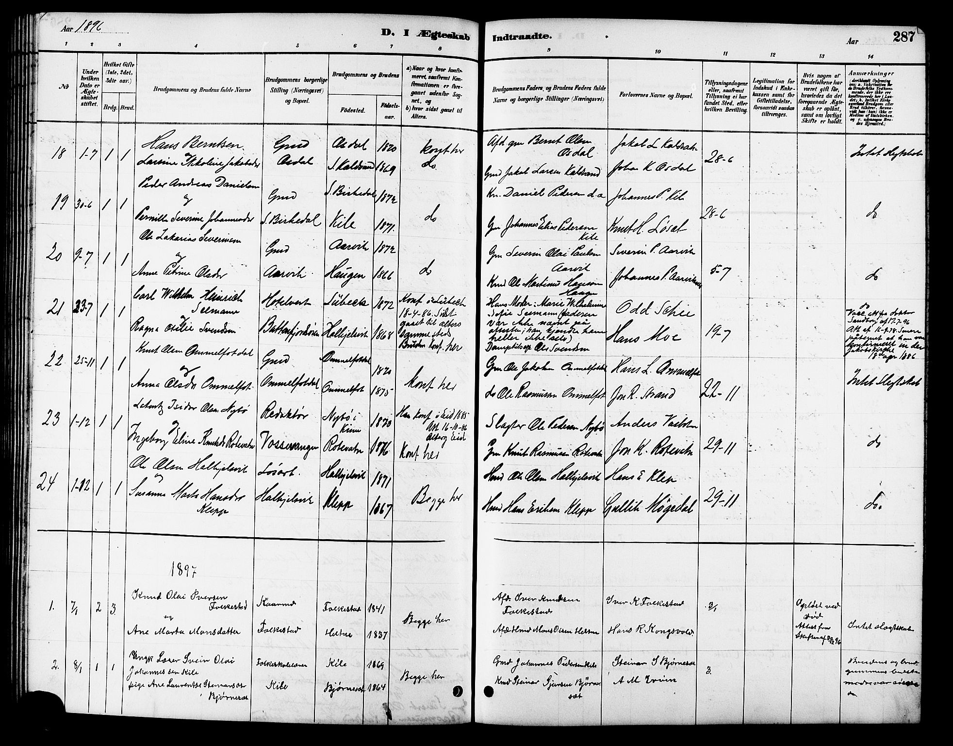 Ministerialprotokoller, klokkerbøker og fødselsregistre - Møre og Romsdal, AV/SAT-A-1454/511/L0158: Parish register (copy) no. 511C04, 1884-1903, p. 287