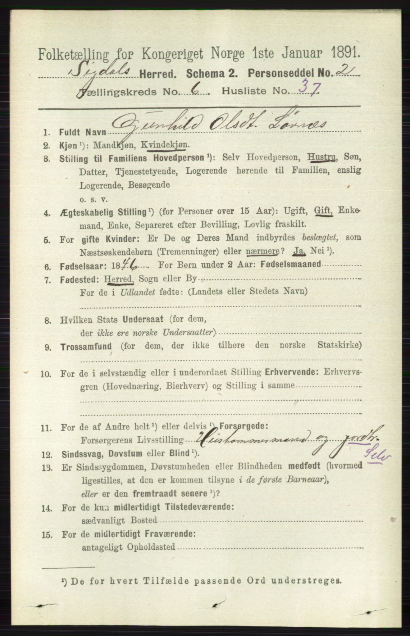 RA, 1891 census for 0621 Sigdal, 1891, p. 2624