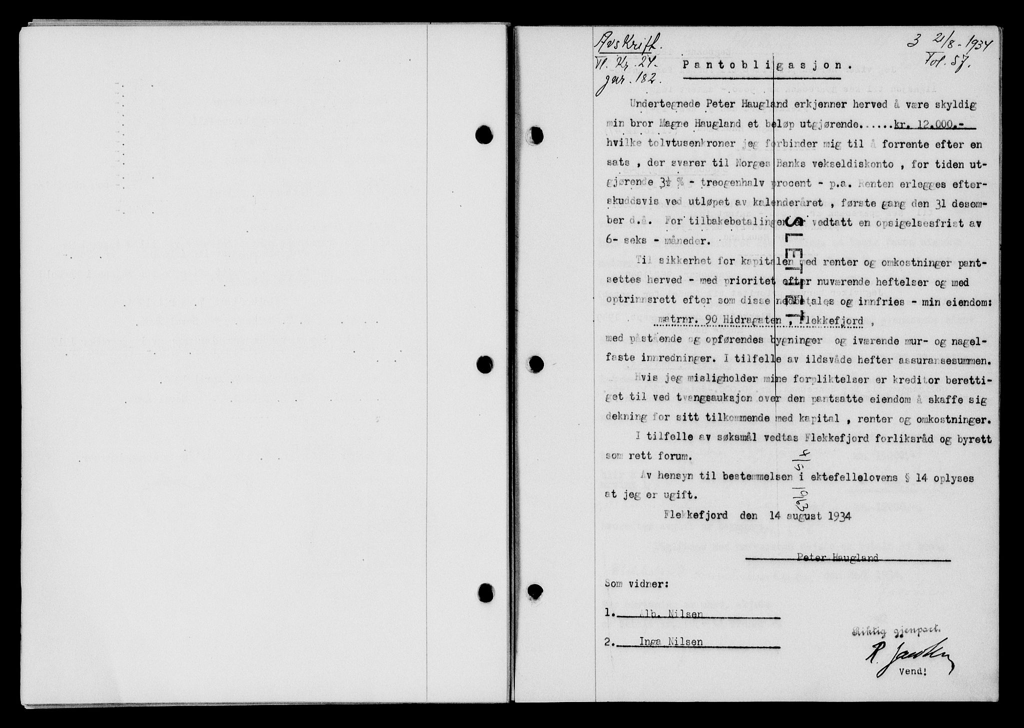 Flekkefjord sorenskriveri, SAK/1221-0001/G/Gb/Gba/L0051: Mortgage book no. 47, 1934-1935, Deed date: 21.08.1934