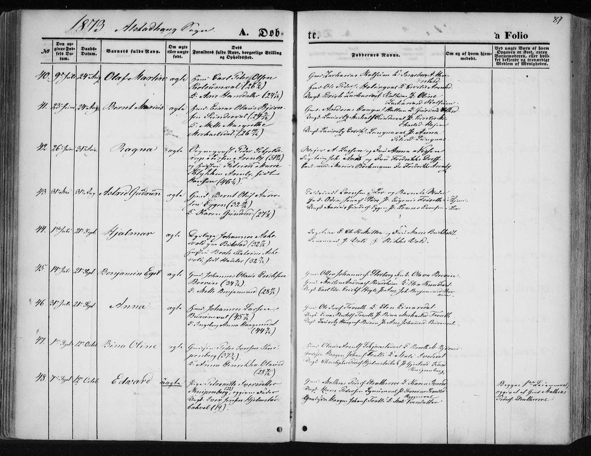 Ministerialprotokoller, klokkerbøker og fødselsregistre - Nord-Trøndelag, AV/SAT-A-1458/717/L0157: Parish register (official) no. 717A08 /1, 1863-1877, p. 87