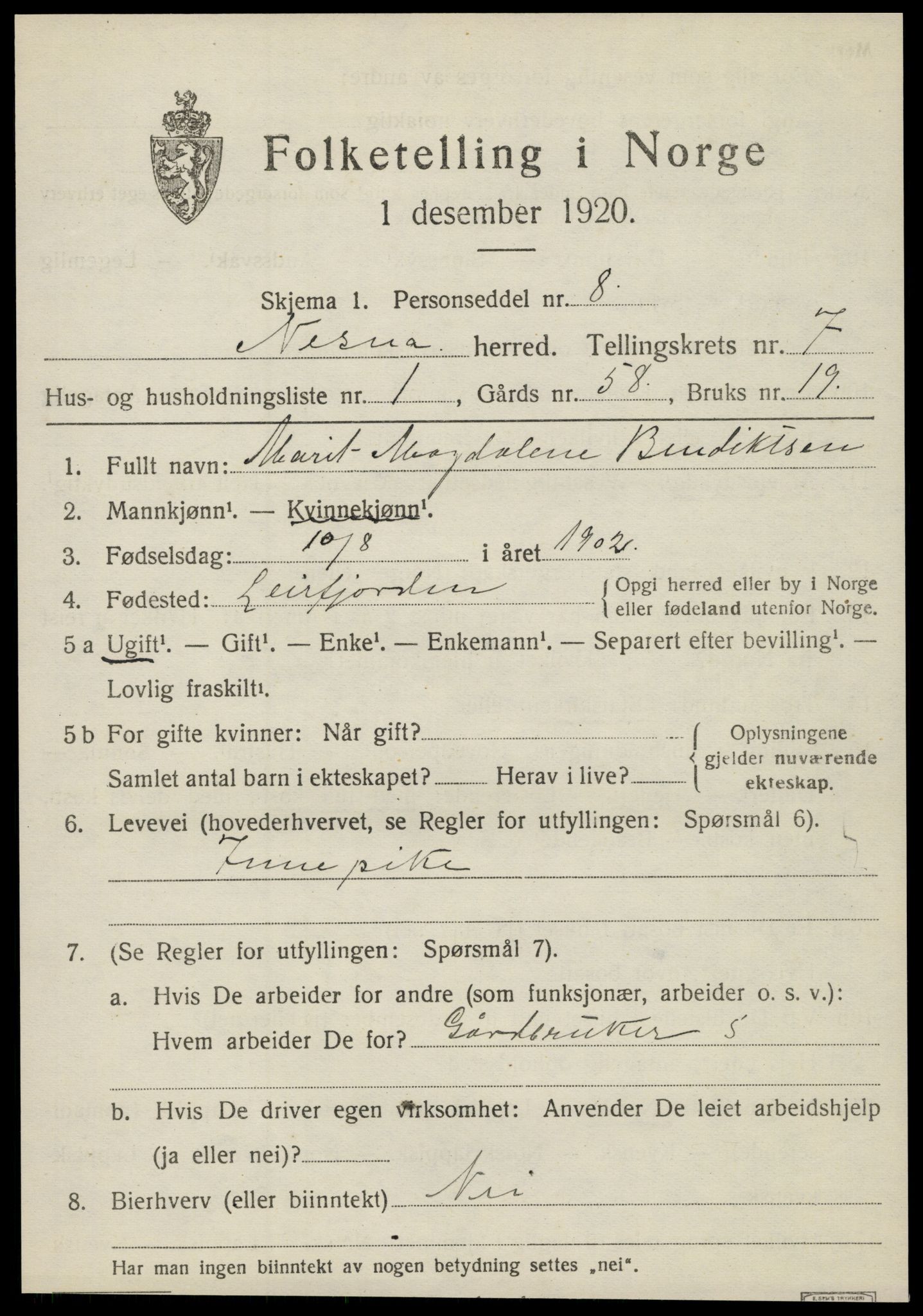 SAT, 1920 census for Nesna, 1920, p. 5209