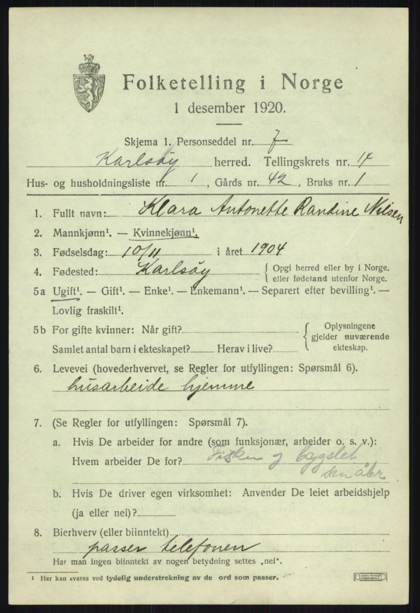 SATØ, 1920 census for Karlsøy, 1920, p. 5109