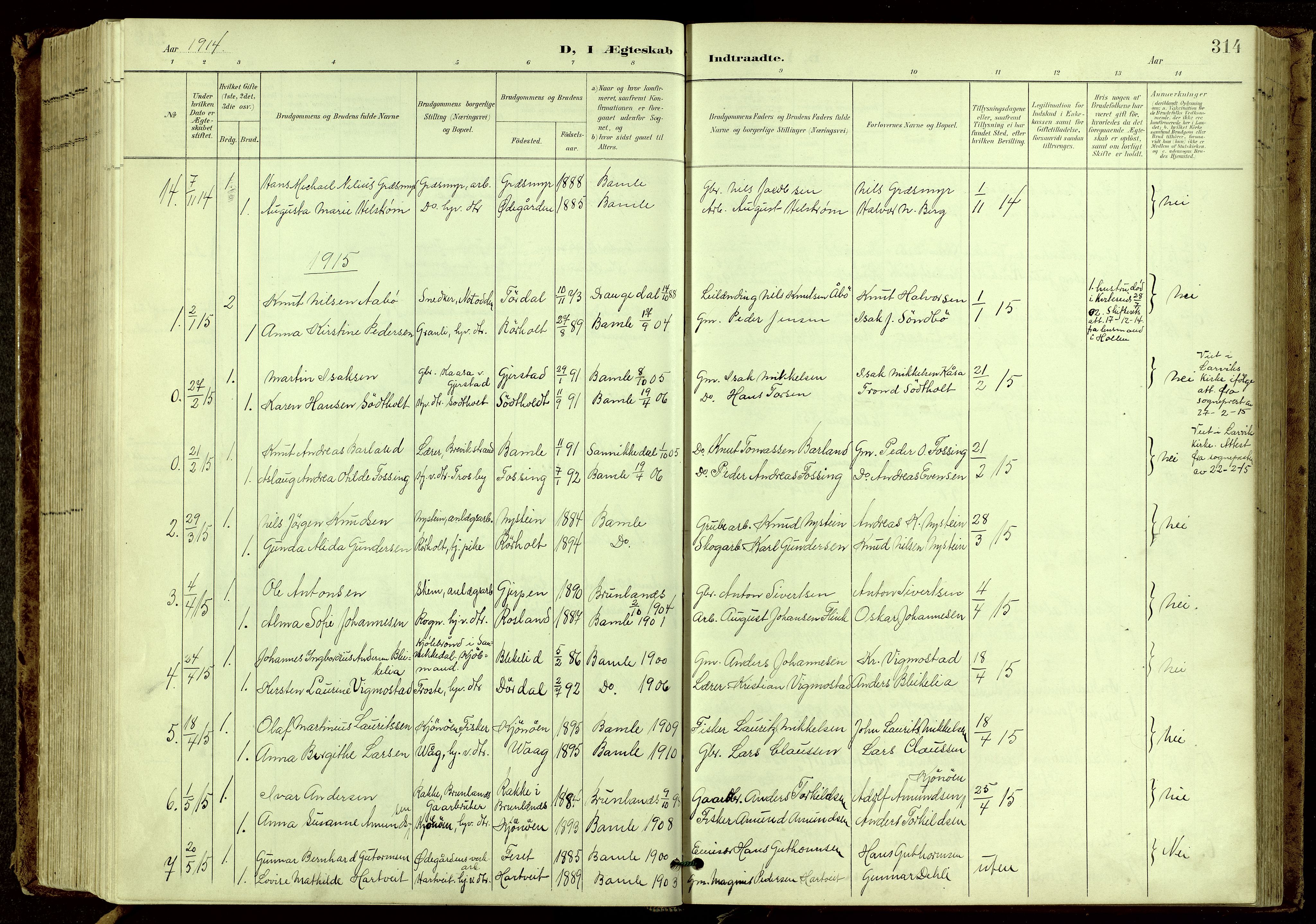 Bamble kirkebøker, SAKO/A-253/G/Ga/L0010: Parish register (copy) no. I 10, 1901-1919, p. 314
