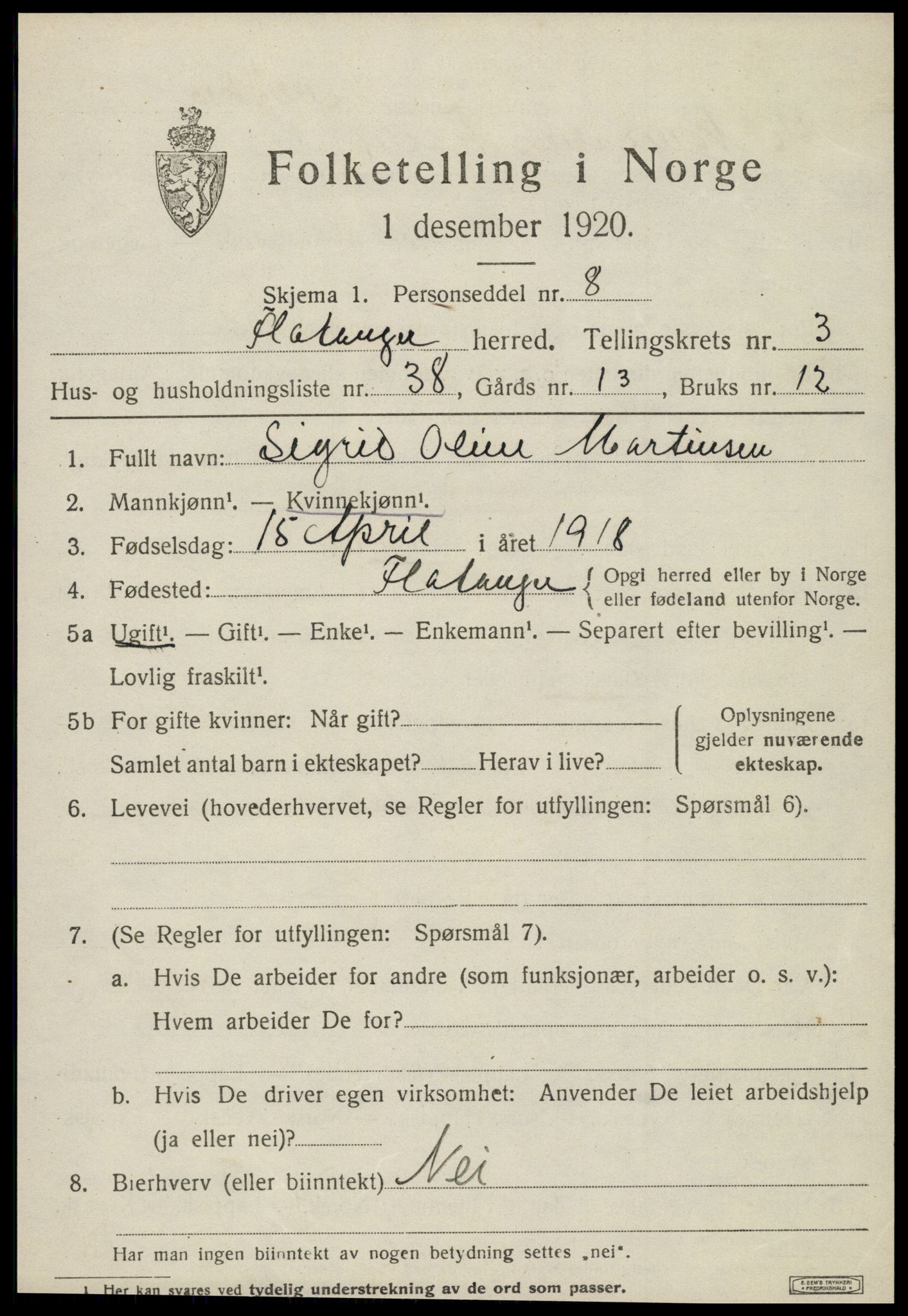 SAT, 1920 census for Flatanger, 1920, p. 2008