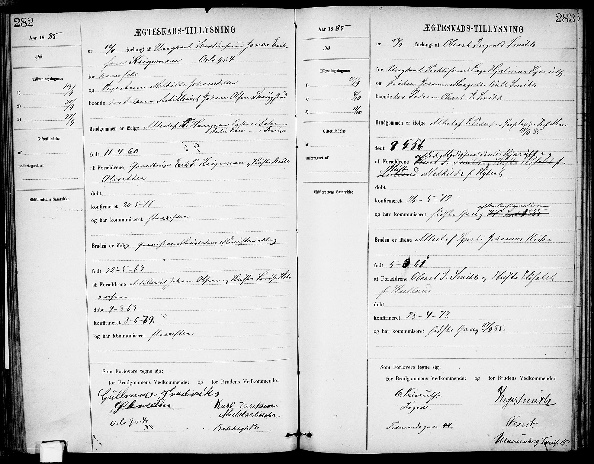 Garnisonsmenigheten Kirkebøker, AV/SAO-A-10846/H/Ha/L0007: Banns register no. I 7, 1872-1893, p. 282-283