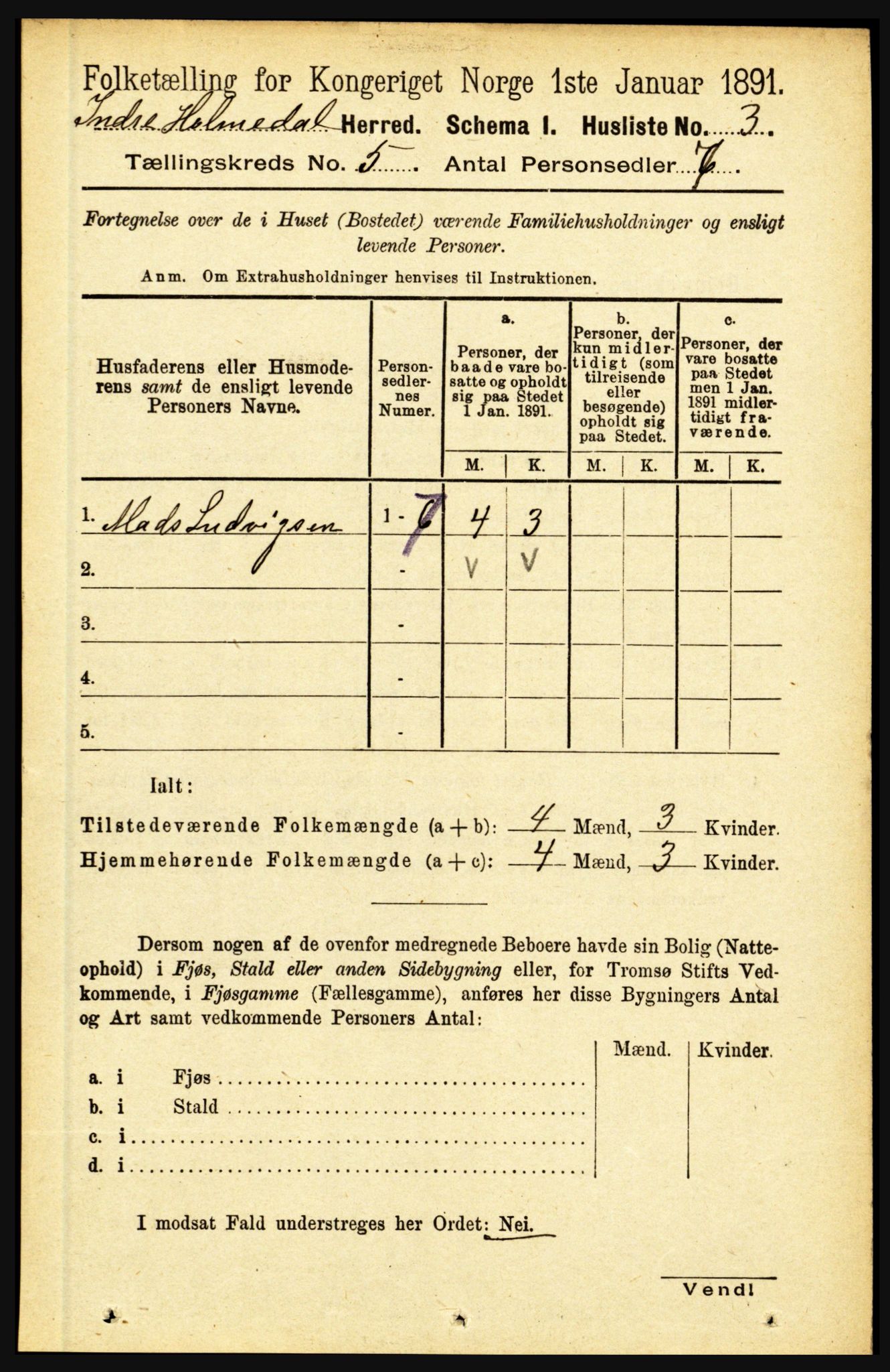 RA, 1891 census for 1430 Indre Holmedal, 1891, p. 1827