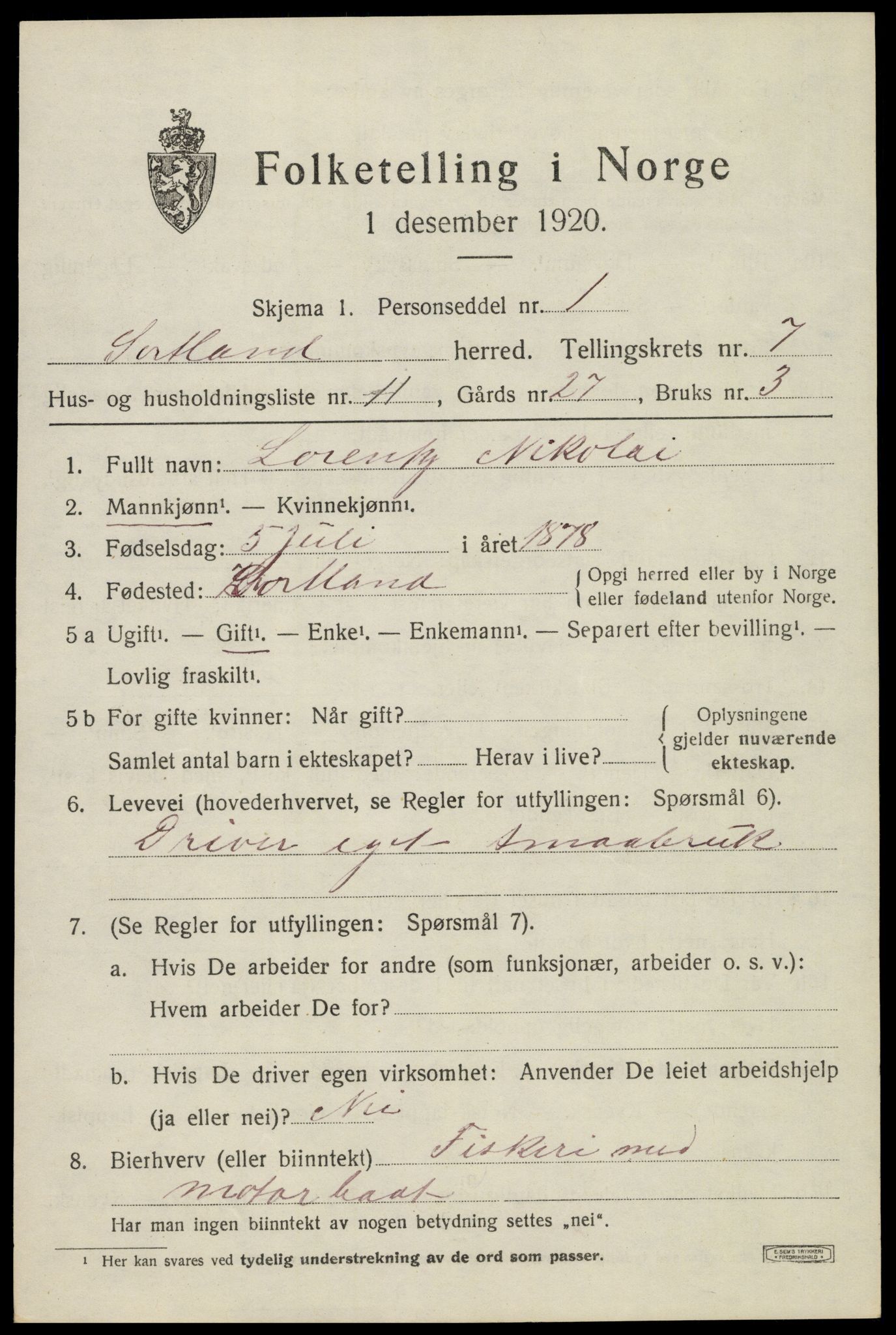SAT, 1920 census for Sortland, 1920, p. 6652