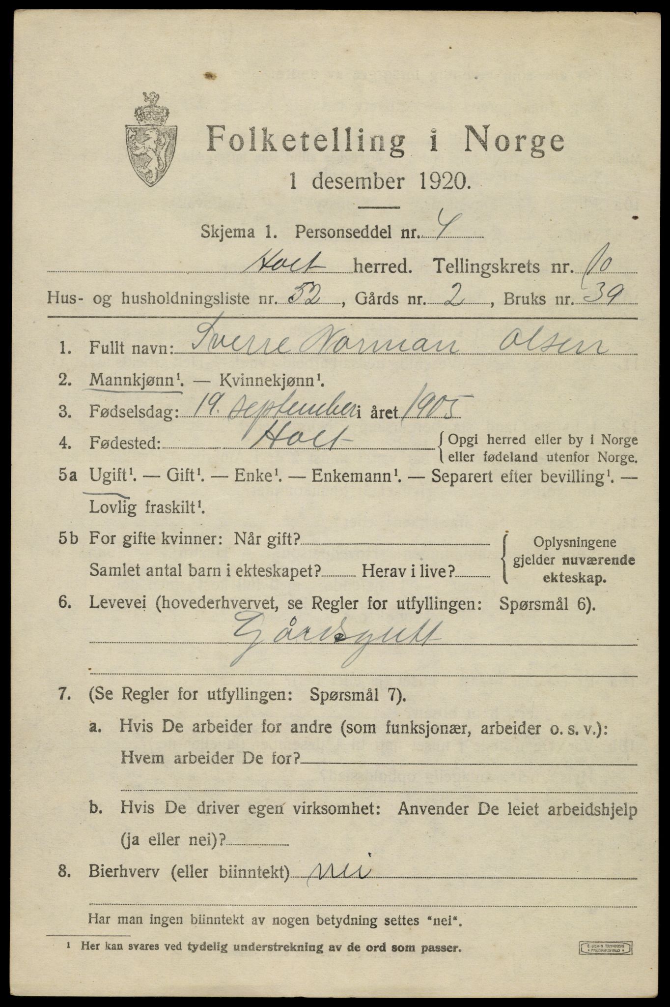 SAK, 1920 census for Holt, 1920, p. 6182