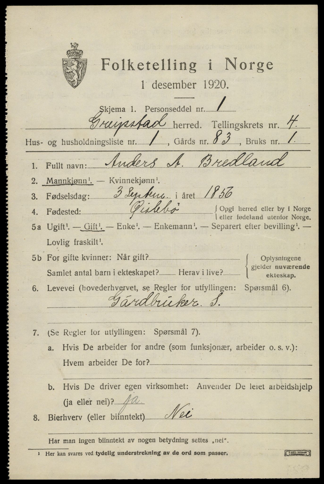 SAK, 1920 census for Greipstad, 1920, p. 1498