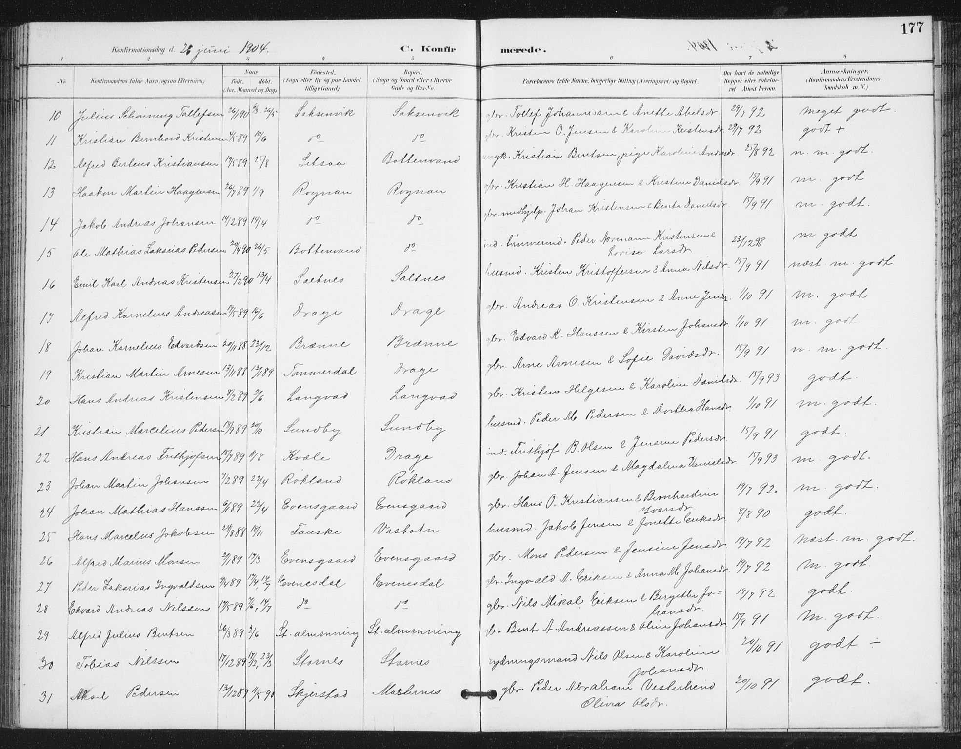 Ministerialprotokoller, klokkerbøker og fødselsregistre - Nordland, AV/SAT-A-1459/847/L0682: Parish register (copy) no. 847C10, 1889-1907, p. 177