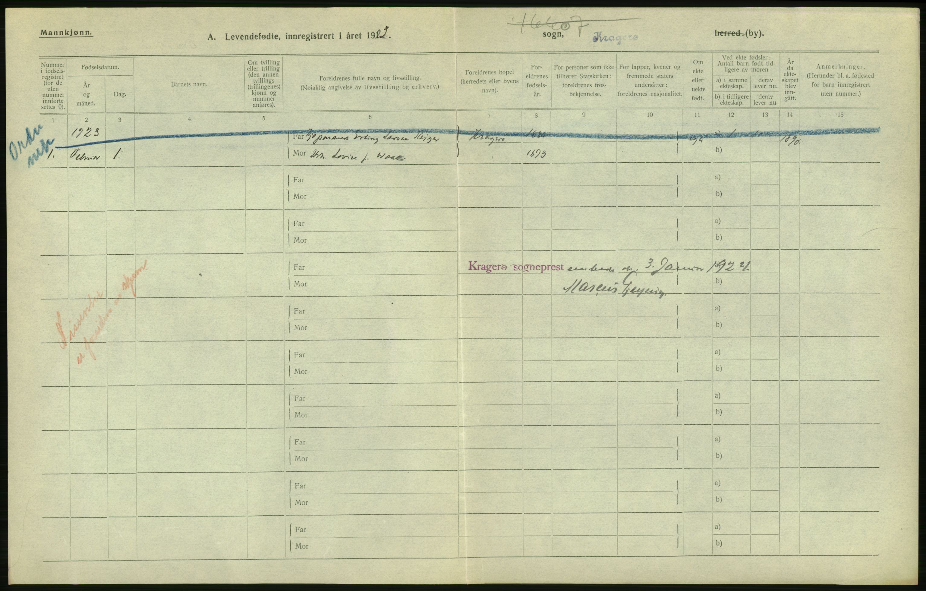 Statistisk sentralbyrå, Sosiodemografiske emner, Befolkning, RA/S-2228/D/Df/Dfc/Dfcc/L0019: Telemark fylke: Levendefødte menn og kvinner. Bygder og byer., 1923, p. 514