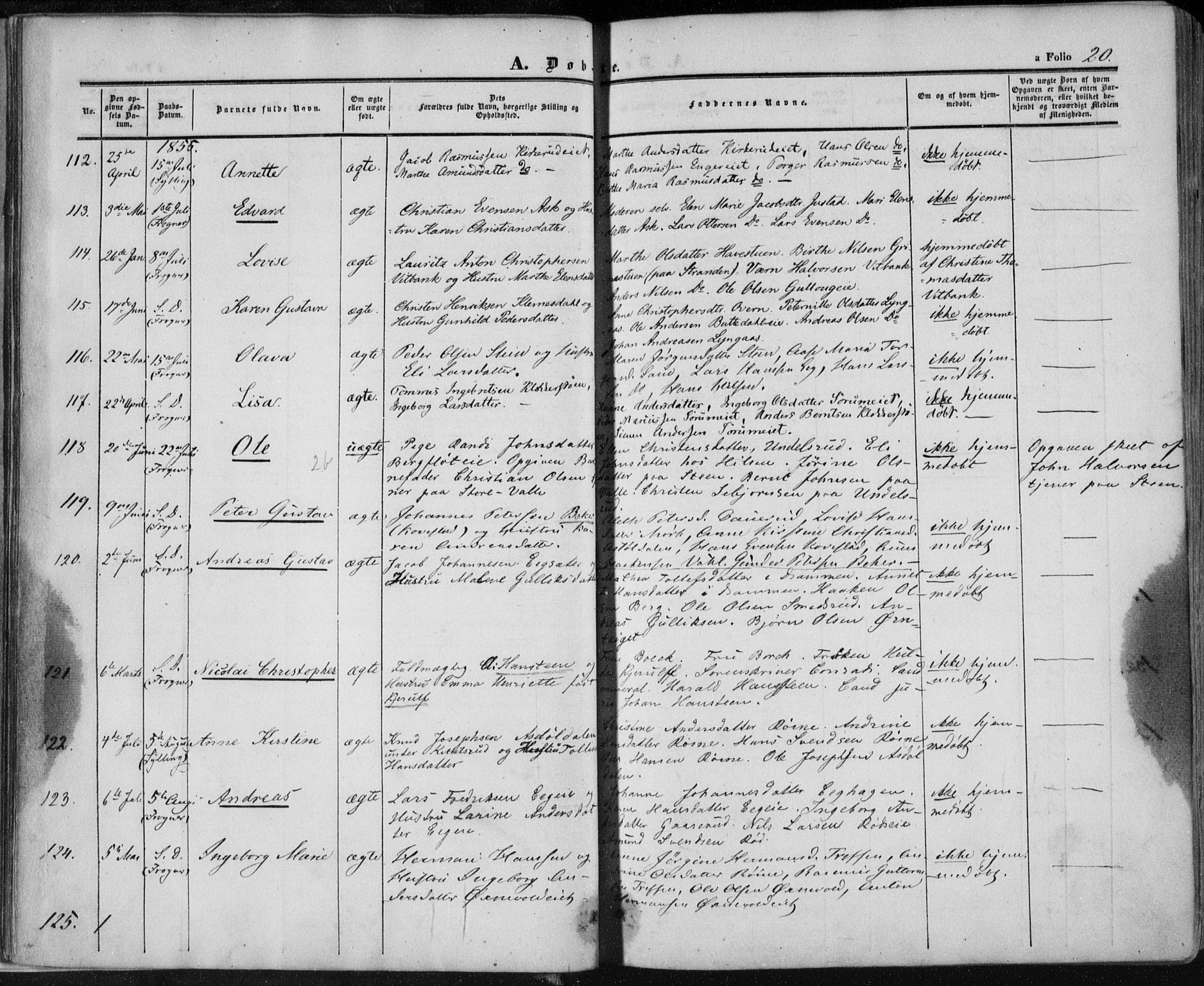 Lier kirkebøker, SAKO/A-230/F/Fa/L0012: Parish register (official) no. I 12, 1854-1864, p. 20
