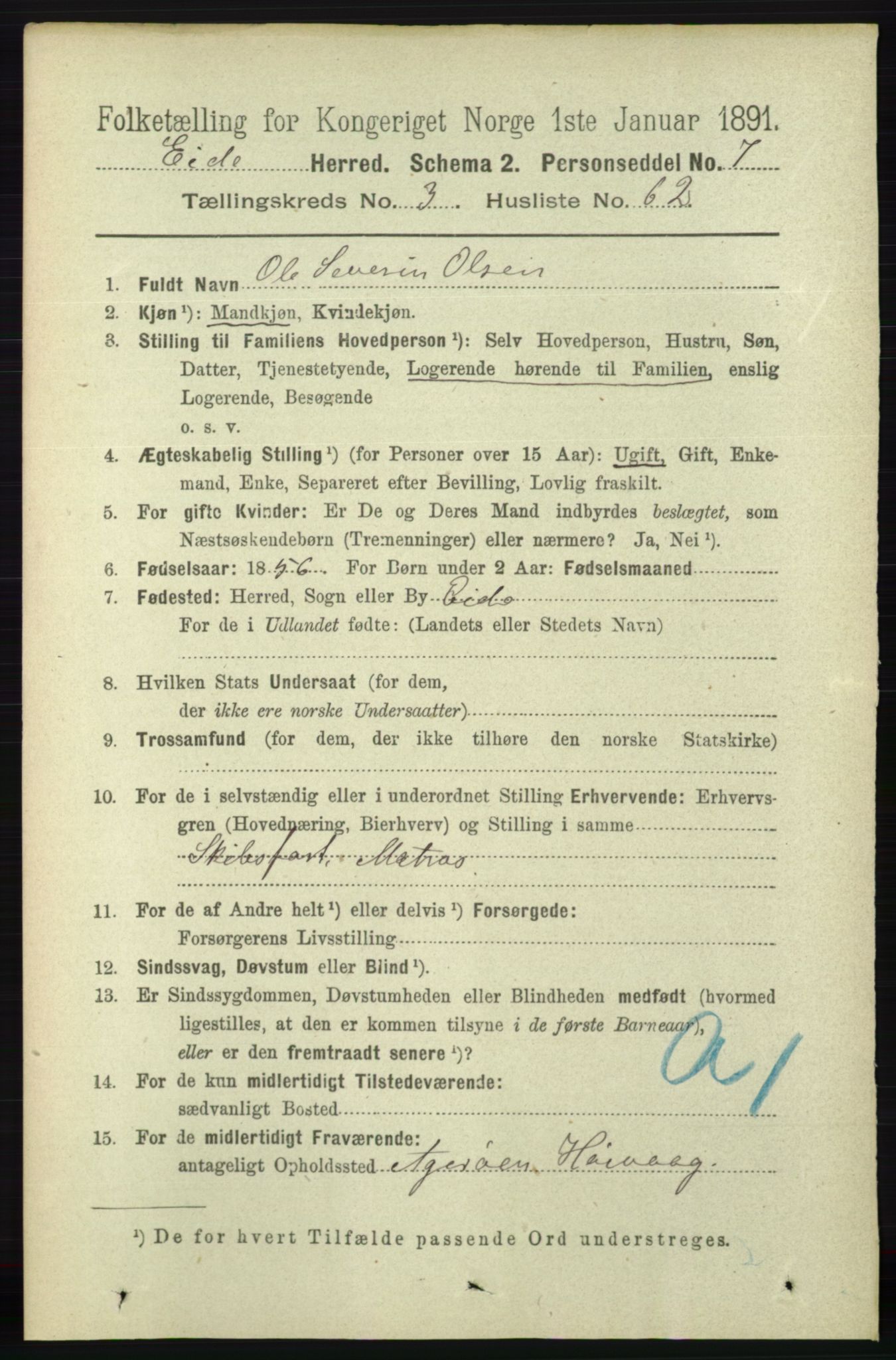 RA, 1891 census for 0925 Eide, 1891, p. 1033