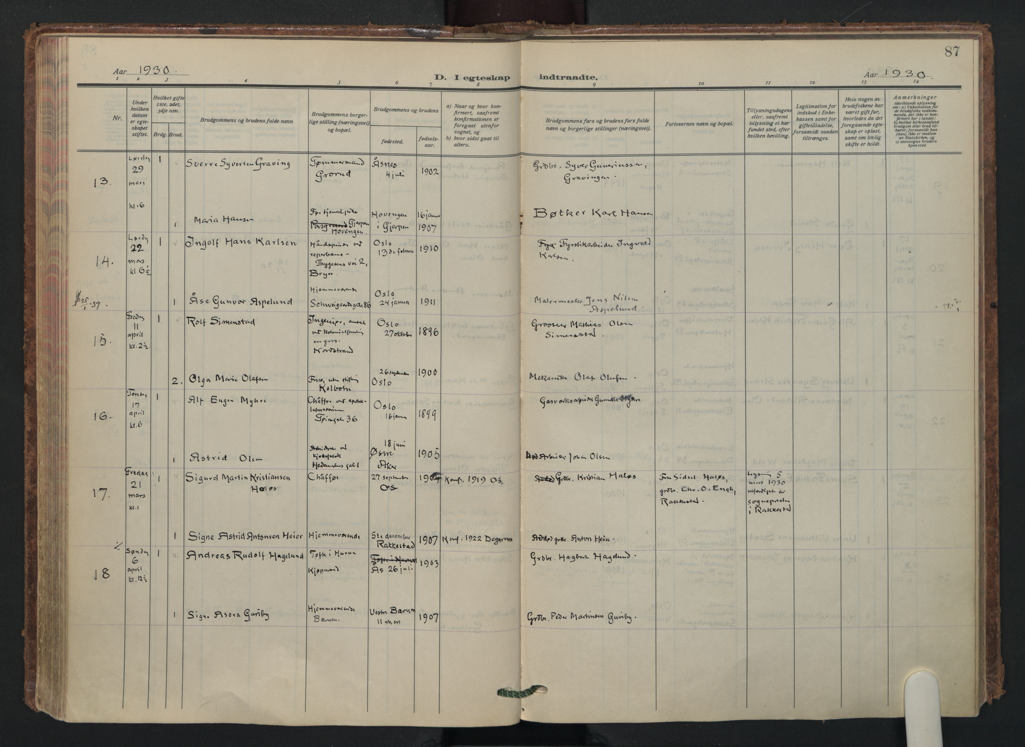 Vålerengen prestekontor Kirkebøker, AV/SAO-A-10878/F/Fa/L0005: Parish register (official) no. 5, 1924-1936, p. 87