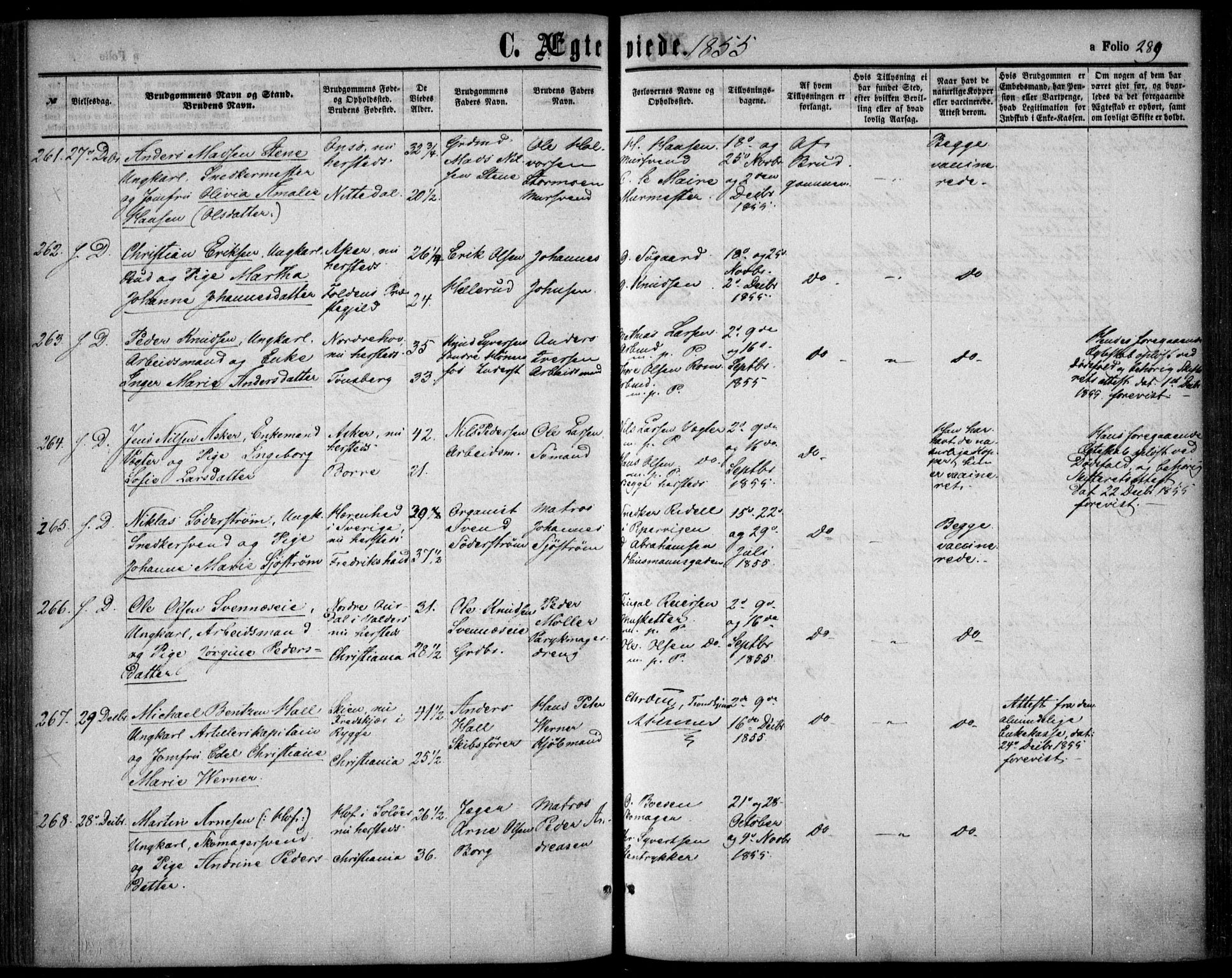 Oslo domkirke Kirkebøker, SAO/A-10752/F/Fa/L0020: Parish register (official) no. 20, 1848-1865, p. 289