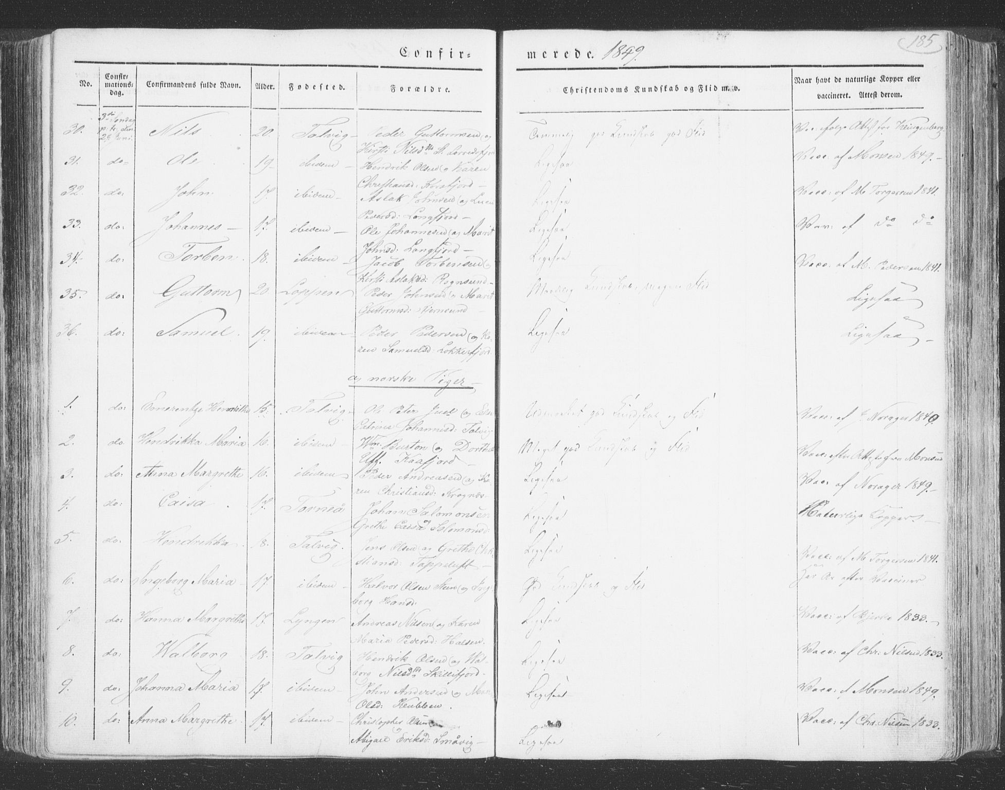 Talvik sokneprestkontor, SATØ/S-1337/H/Ha/L0009kirke: Parish register (official) no. 9, 1837-1852, p. 185