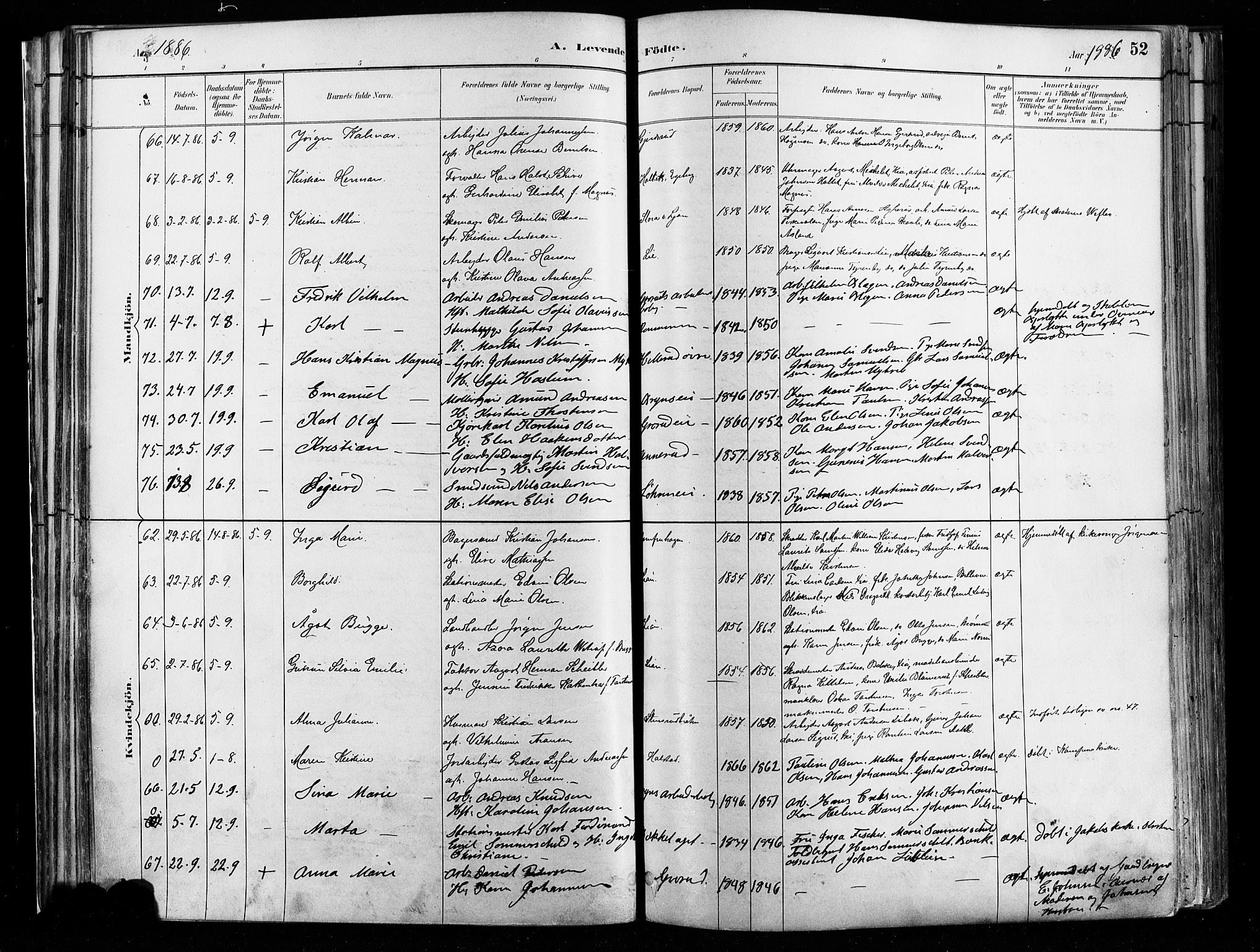 Østre Aker prestekontor Kirkebøker, AV/SAO-A-10840/F/Fa/L0008: Parish register (official) no. I 8, 1883-1894, p. 52