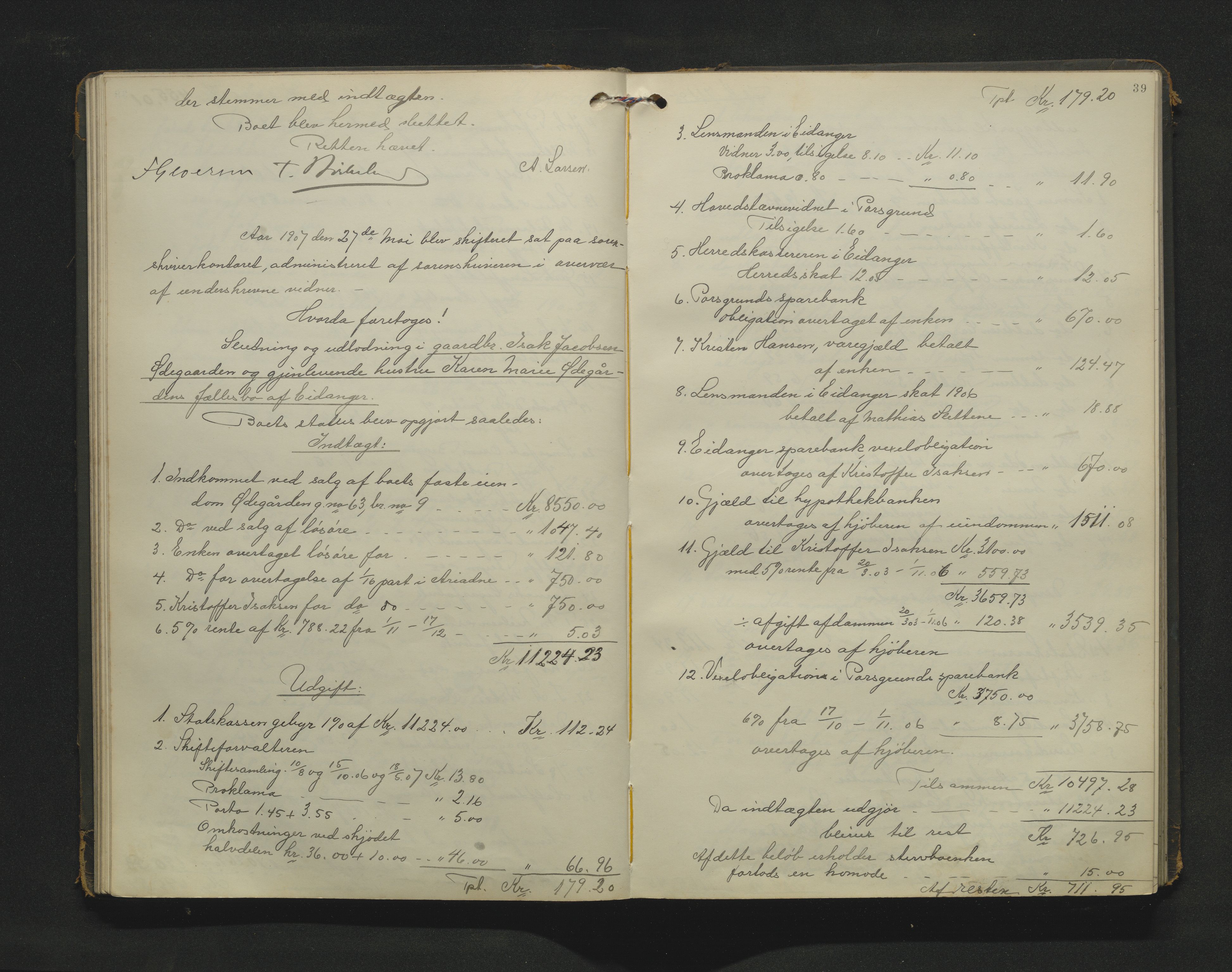 Bamble sorenskriveri, AV/SAKO-A-214/H/Hb/Hbd/L0010: Skifteutlodningsprotokoll, 1905-1910, p. 39