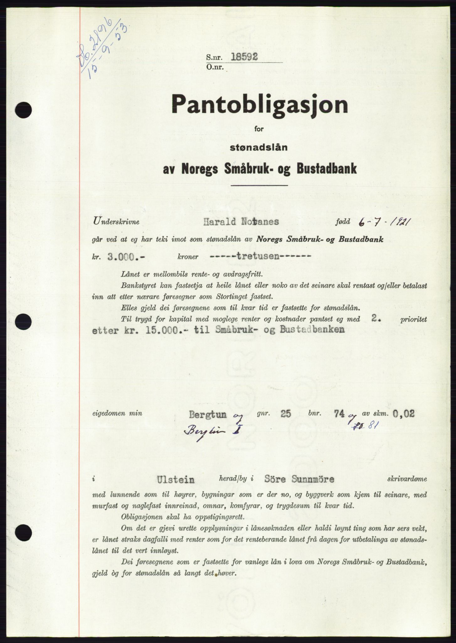 Søre Sunnmøre sorenskriveri, AV/SAT-A-4122/1/2/2C/L0123: Mortgage book no. 11B, 1953-1953, Diary no: : 2196/1953