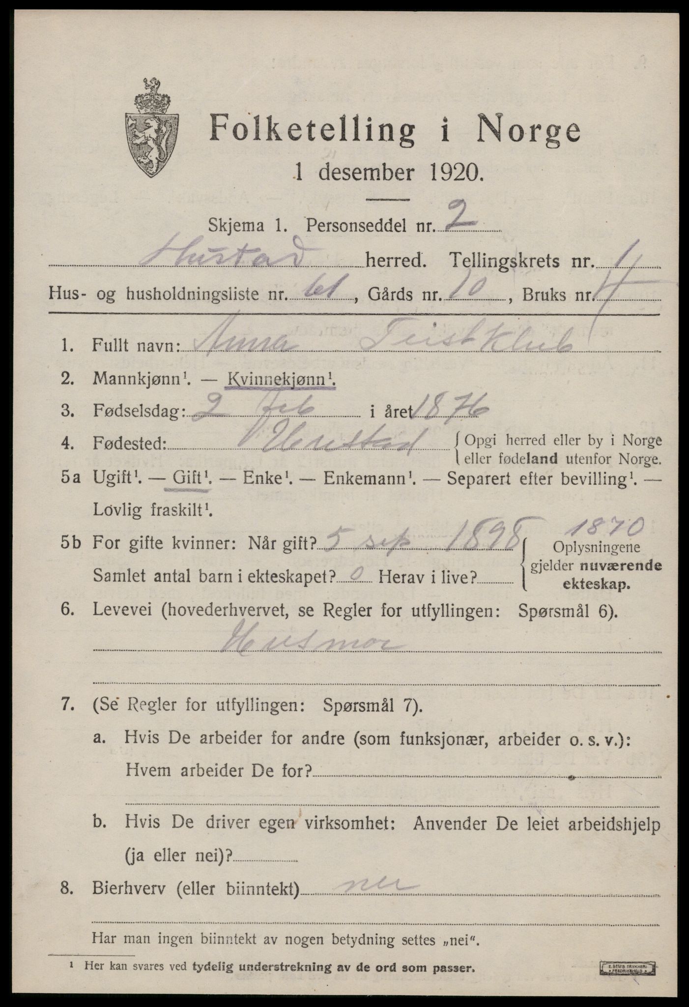 SAT, 1920 census for Hustad, 1920, p. 1501