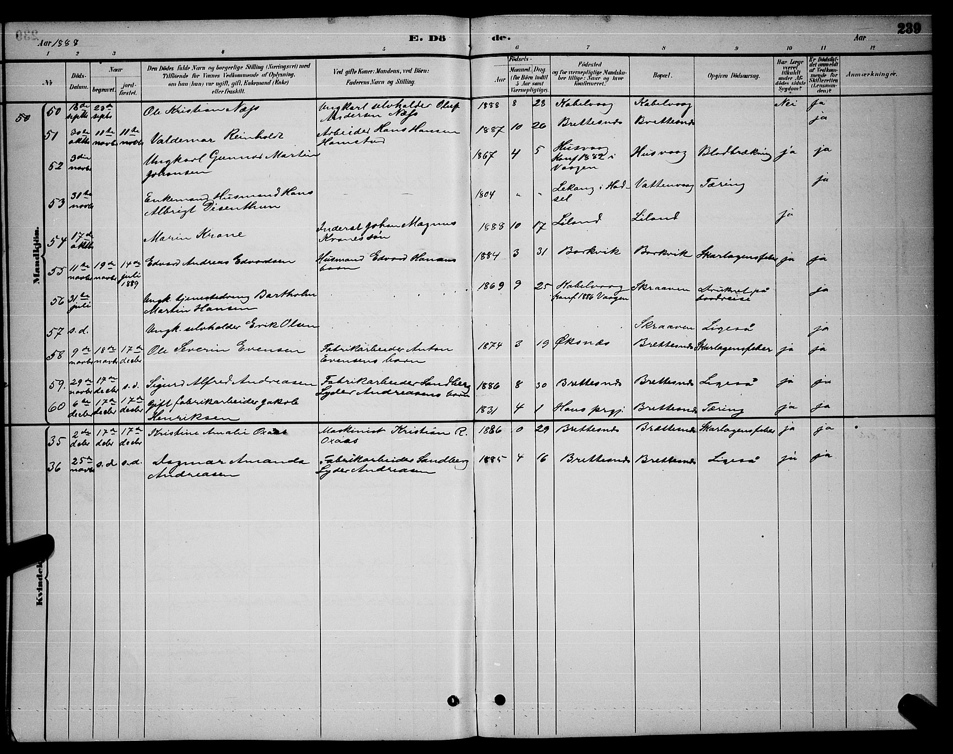 Ministerialprotokoller, klokkerbøker og fødselsregistre - Nordland, AV/SAT-A-1459/874/L1076: Parish register (copy) no. 874C05, 1884-1890, p. 239