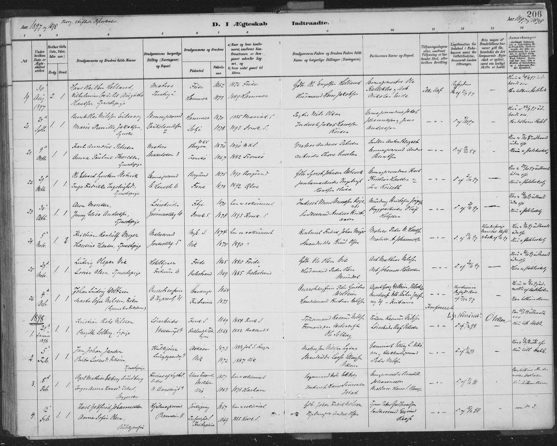 Domkirken sokneprestembete, SAB/A-74801/H/Hab/L0032: Parish register (copy) no. D 4, 1880-1907, p. 206