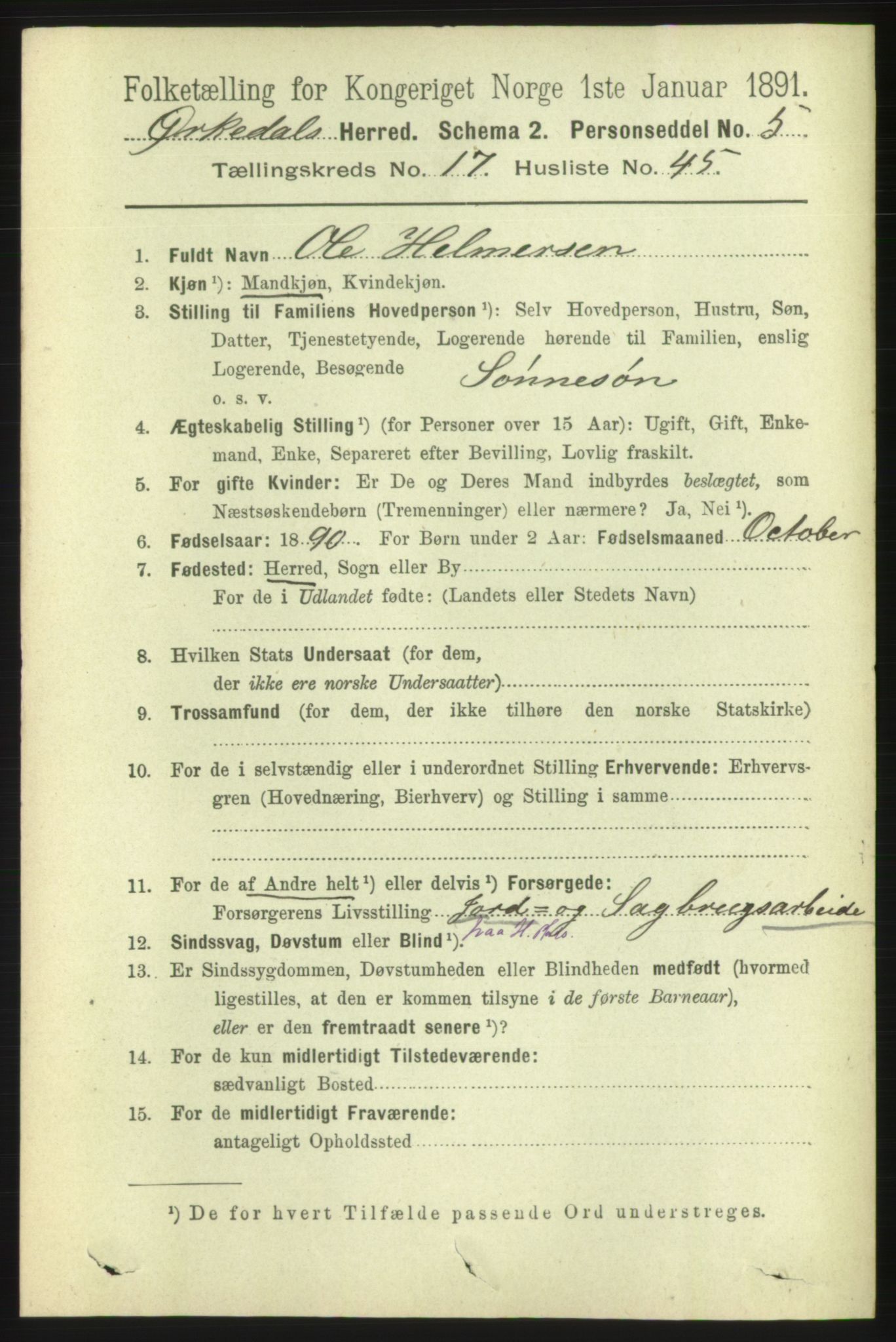 RA, 1891 census for 1638 Orkdal, 1891, p. 7626